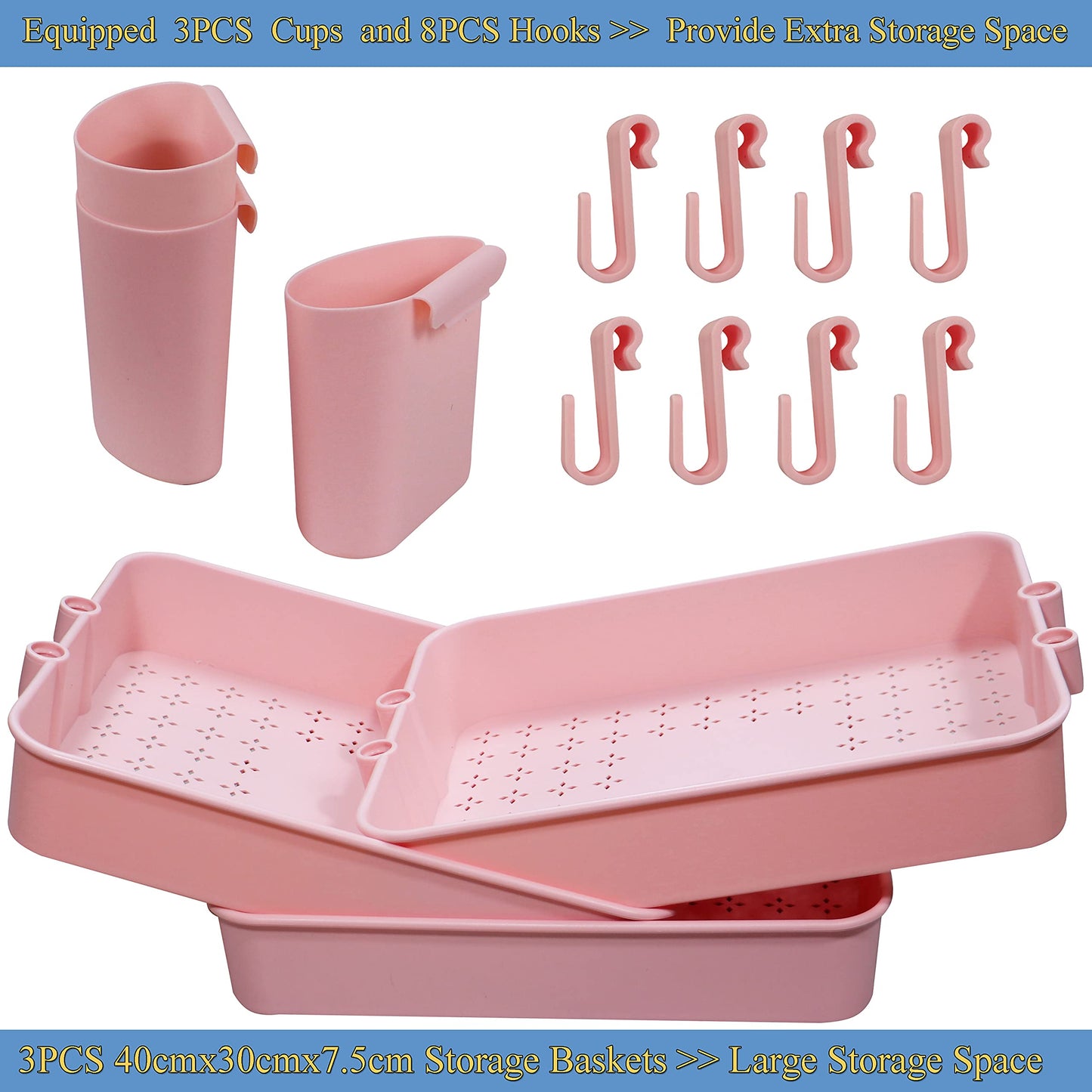 Piowio 3 Tier Utility Rolling Cart Multifunction Organizer Shelf Storage Cart with 3 Pieces Cups and 8 Pieces Hooks for Home Kitchen Bathroom Laundry Room Office Store etc. (Pink)