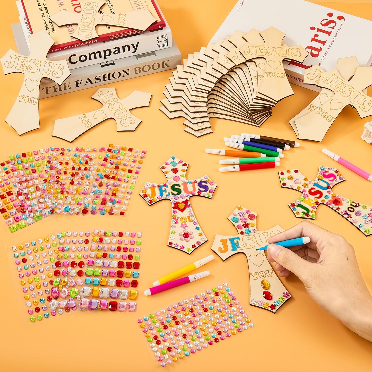 36 Sets DIY Wood Cross Crafts Unfinished Wood Cross Sunday School Vacation Bible School Supplies Include 36 Wood Cross with Stickers Color Pen for Church Activity Easter DIY (Exquisite Style)