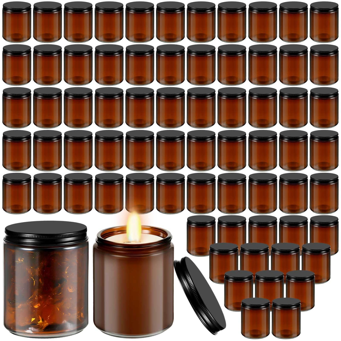 Lallisa 32 Pcs 8 oz Amber Glass Jars with Black Metal Lids Round Small Cosmetic Jars Round Glass Containers for Apothecary Body Butter Herbs Spice and Food Storage