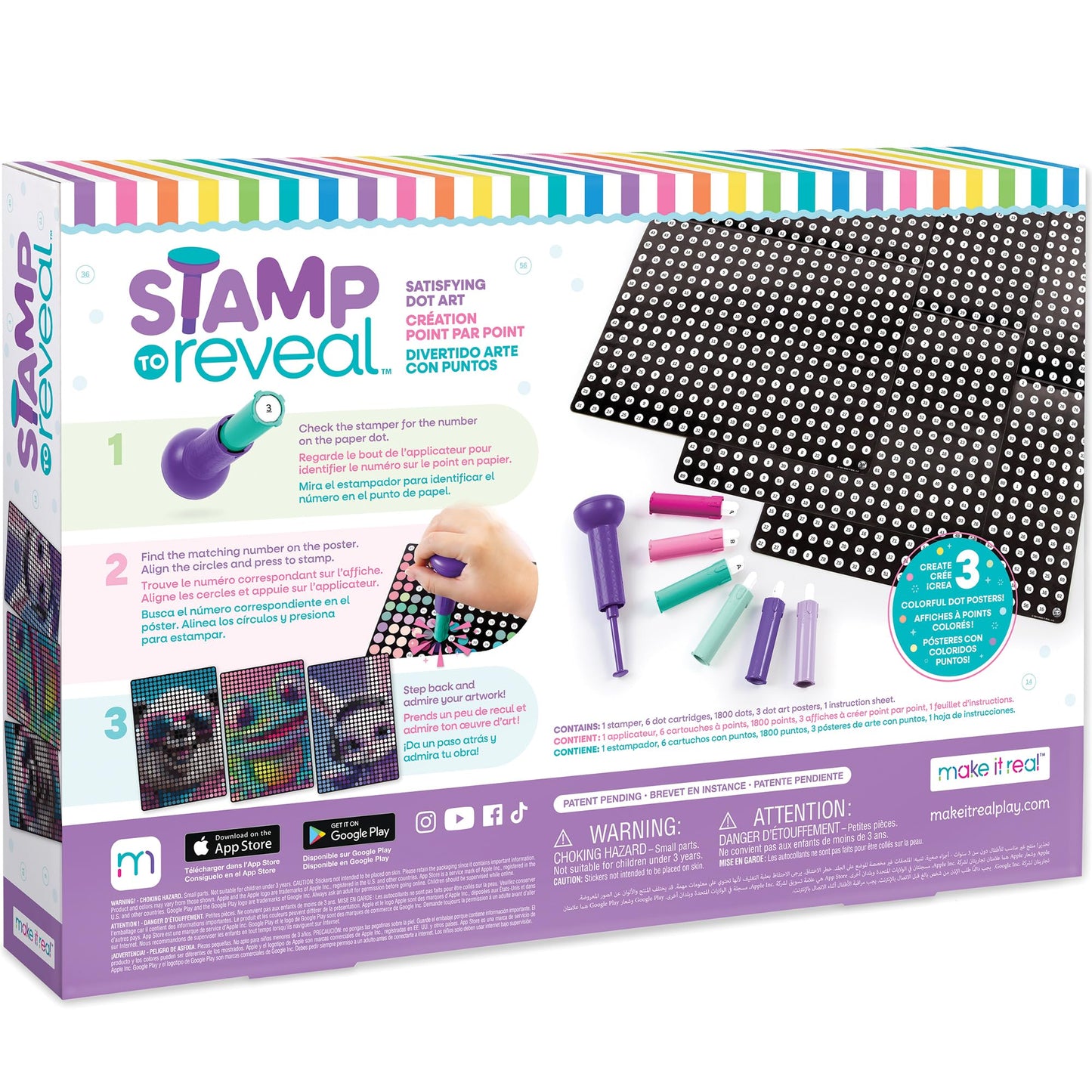 Make It Real Stamp to Reveal DIY Dot Posters, 1 Stamper per kit & 3 Dot Posters |Craft Kit, Artwork Activity, Girls & Kids Ages 6 Bunny, Frog, Panda