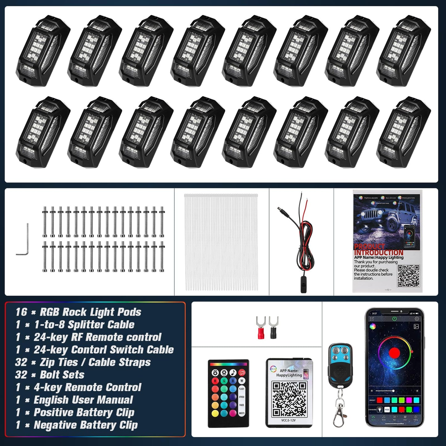 16 Pods 5-Sided RGB Rock Lights for Trucks Cars - IP67 Waterproof Exterior Underglow Neon Kit, Music Sync APP + RF Remotel, Easy No-Drill Install, Universal Fit for SUVs/Off-Road/Daily Use