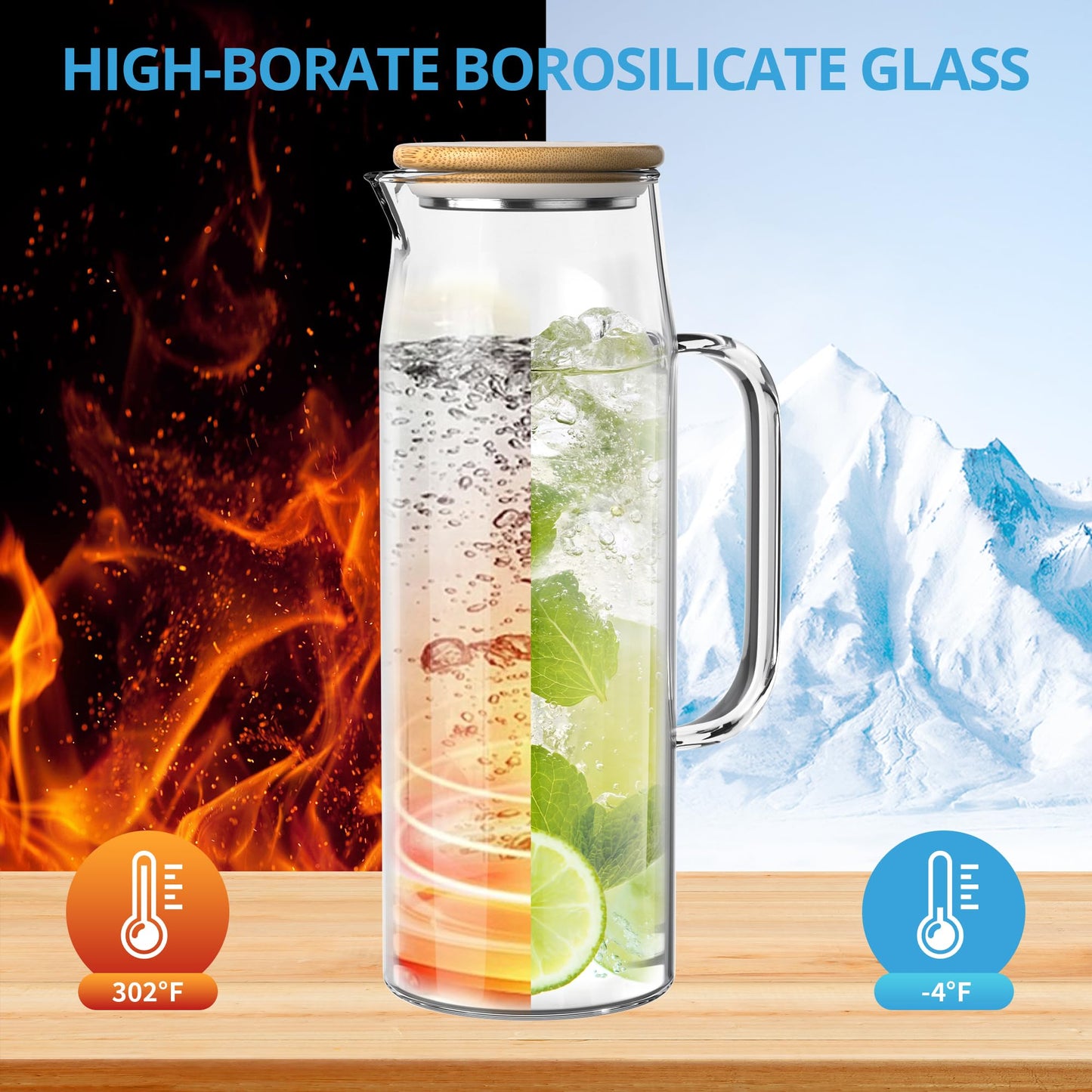 3 Sets Glass Pitcher with Lid, 50 oz / 1500 ml Water Carafe with Handles Hot Cold Beverage Water Jar Glass Jug (Bamboo lid)