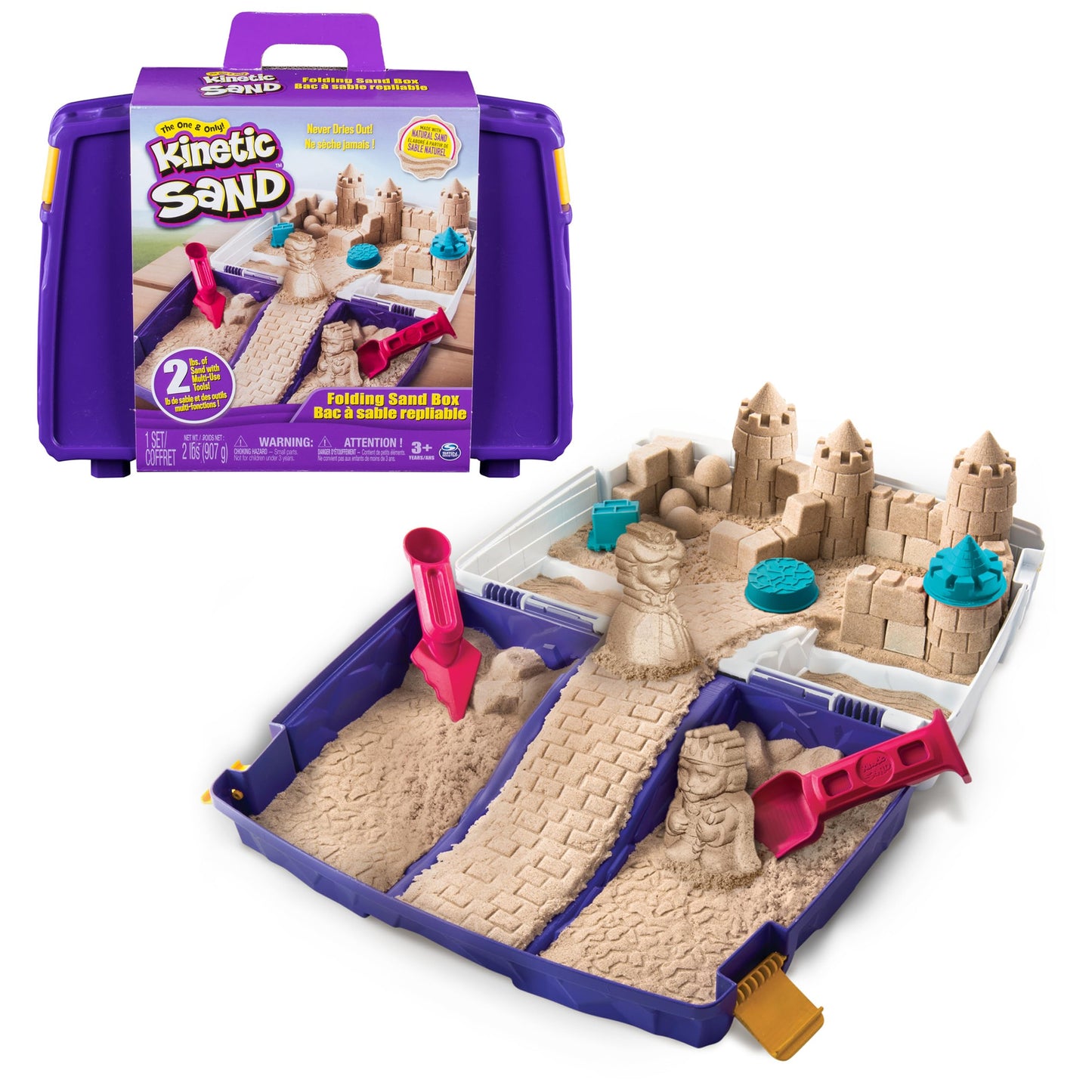 Kinetic Sand, Folding Sand Box with 2lbs of All-Natural, 7 Molds and Tools, Play Sand Sensory Toys for Kids Ages 3 and up