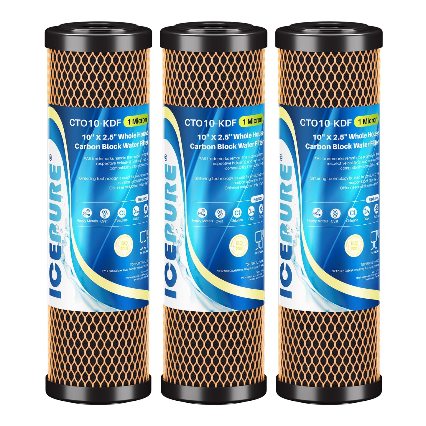 ICEPURE 1 Micron 2.5" x 10" Whole House Water Filter Coconut Shell Activated CTO Carbon and KDF Cartridge for Home, Compatible with WFPFC8002, WFPFC9001, FXWTC, SCWH-5, WHEF-WHWC, AMZN-SCWH-5, 3PACK