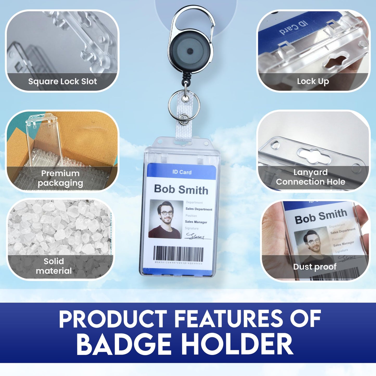 Bestom 50 Pack Clear Rigid Plastic Permanent Locking ID Card Holders – Vertical Secure Dual Sided Work Badge Holder Fits Two Standard 30mil ID Badges or One Proximity/Prox Card