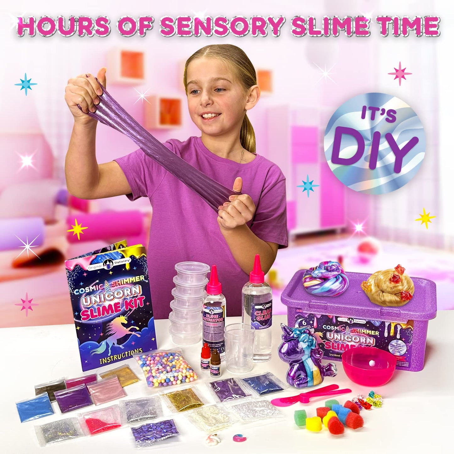 Original Stationery Unicorn Slime Kit for Girls Ages 7–12, DIY Shimmer Slime Set with Glow-in-The-Dark, Pearlescent, Holographic & Glitter Slimes, Creative Craft, Birthday Gift for Kids