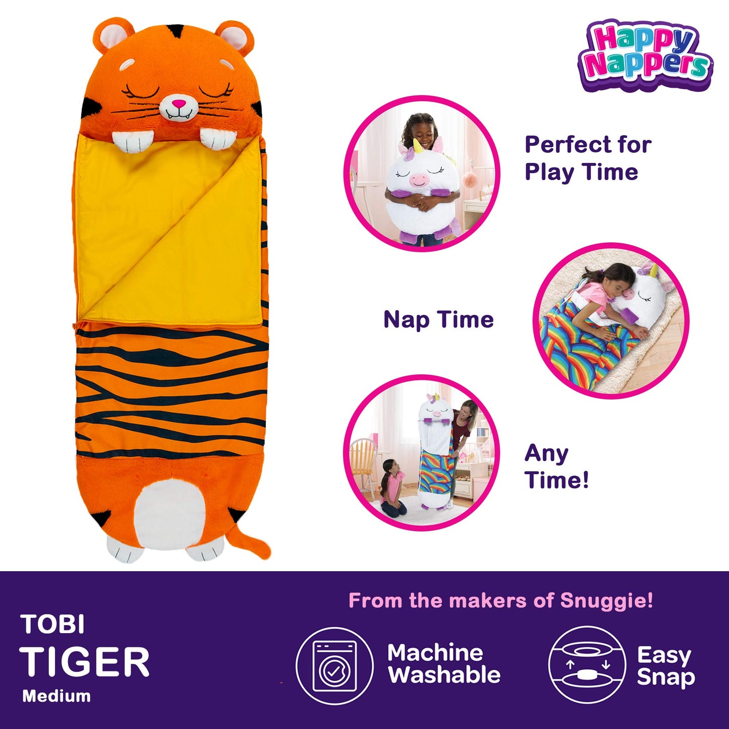 Happy Nappers Pillow & Sleepy Sack Tiger 54" Tall - Comfy, Cozy, Compact, Super Soft, Warm, All Season, Sleeping Bag with Pillow- Medium 54” x 20”, Tiger Ages 3+