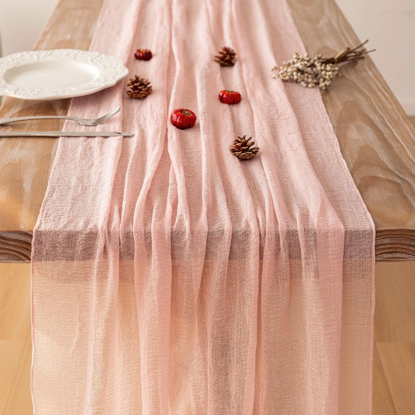 Keketo 6pcs Blush Pink Gauze Rustic Cheesecloth Table Runner 120 Inch 10 FT for Wedding Baby Shower Bridal Shower Birthday Engagement Garden Outdoor Party Long Sheer Boho Decorations
