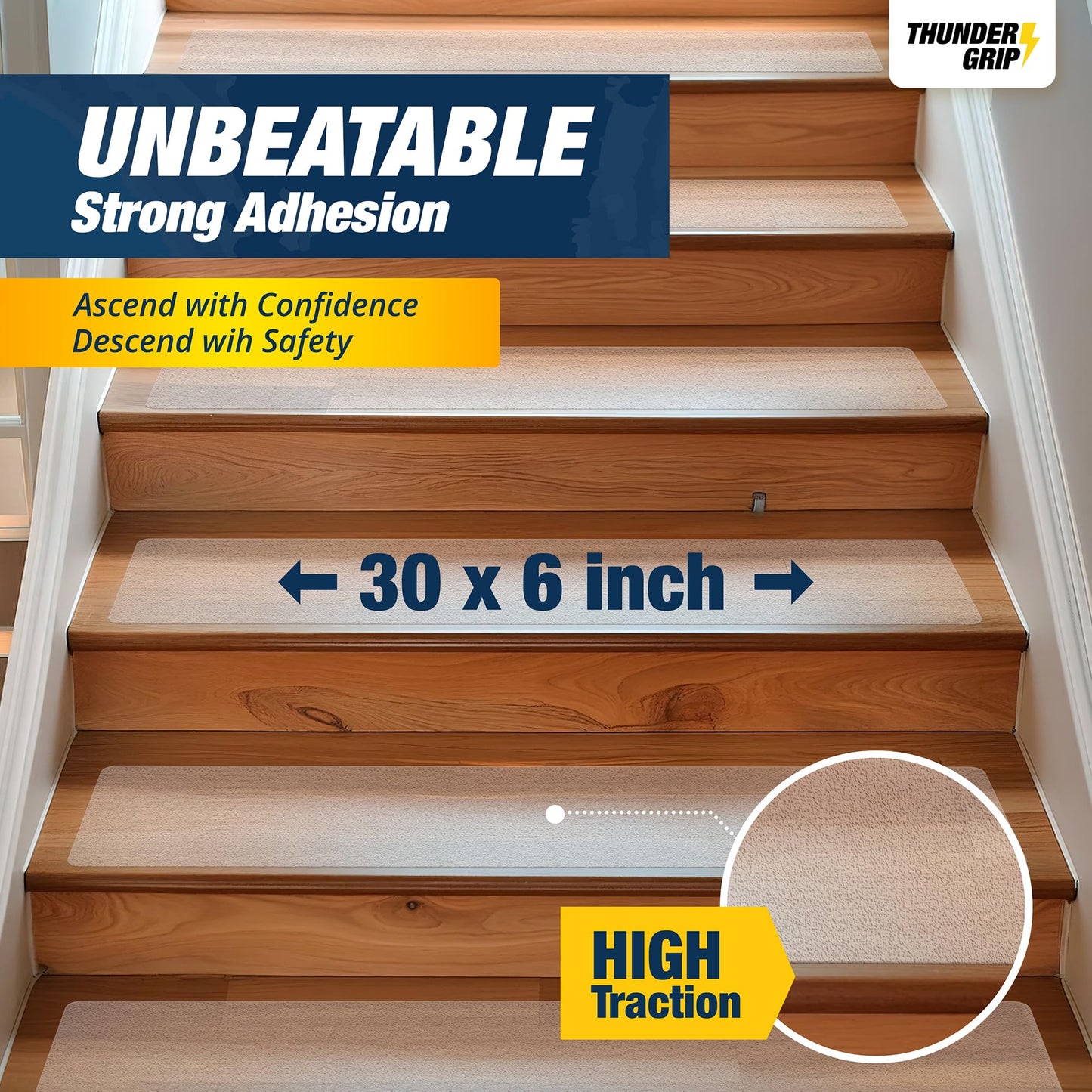 Clear Stair Treads Non-Slip 30"x6" - 15-Pack Indoor Stair Grips Non Slip for Wooden Steps - Anti Slip Adhesive Strips for Dogs & Elderly - Staircase Step Treads - Transparent Treads for Wood Stairs