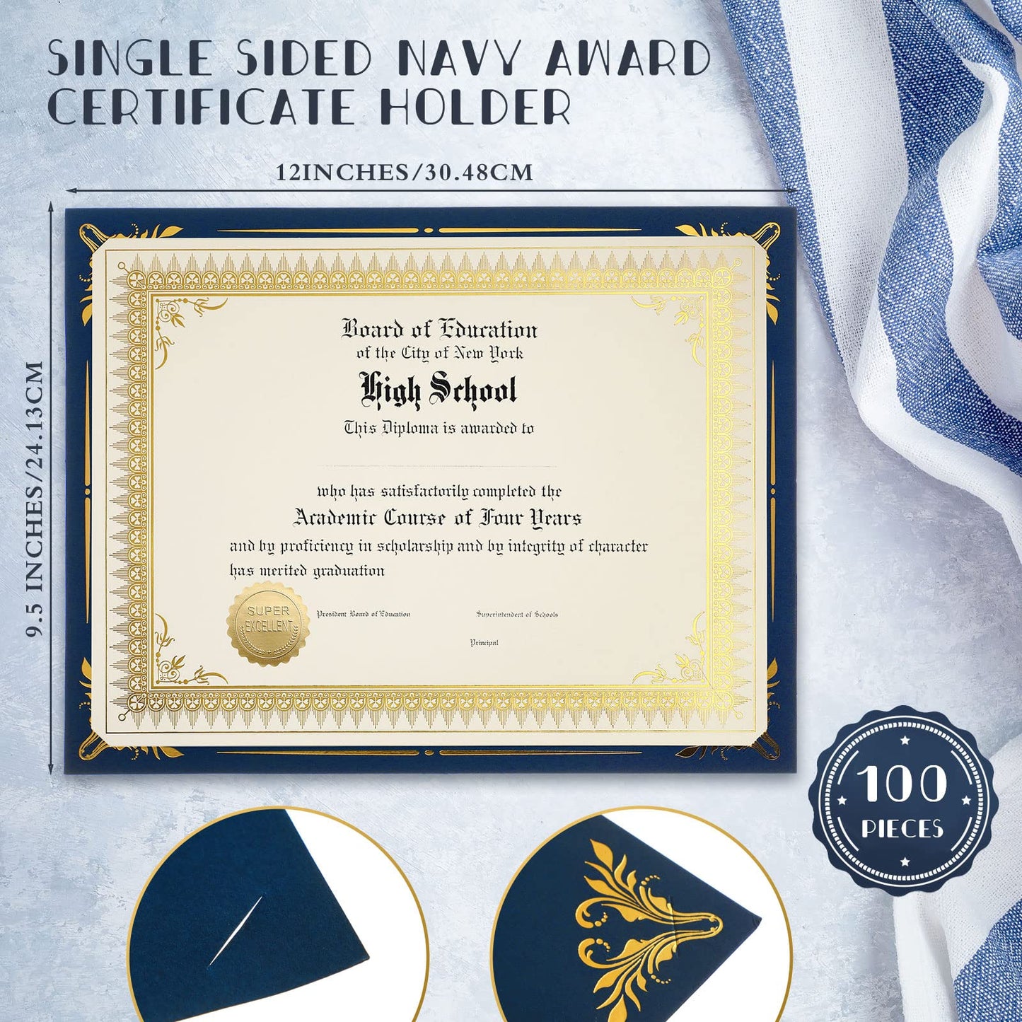 Fainne 100 Sets Certificate Paper Kit Single Sided Awards Holder with Foil Border for 8.5 X11 Certificate Covers Award Seals Stickers Diploma Covers (Navy Blue)