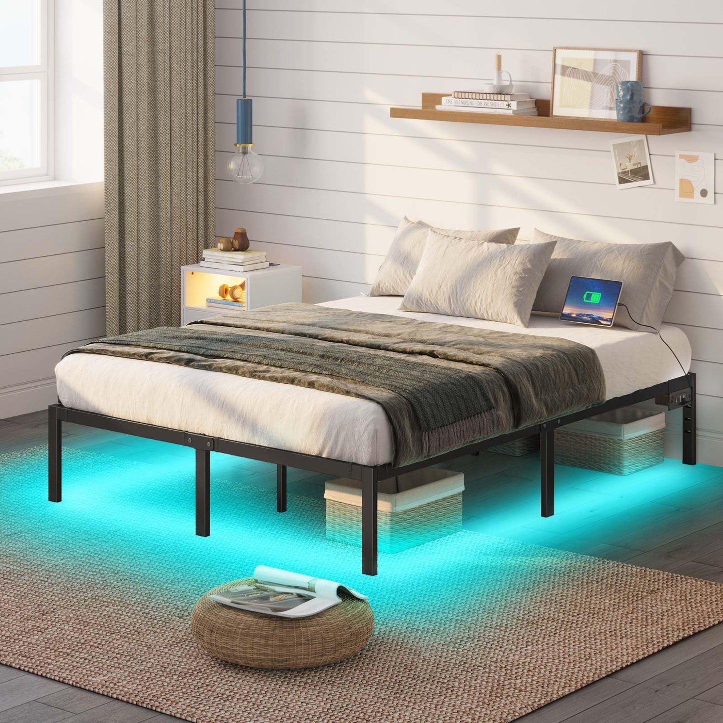 Rolanstar Bed Frame with USB Charging Station, Queen Bed Frame with LED Lights, Platform Bed Frame with Heavy Duty Steel Slats, 14" Storage Space Beneath Bed