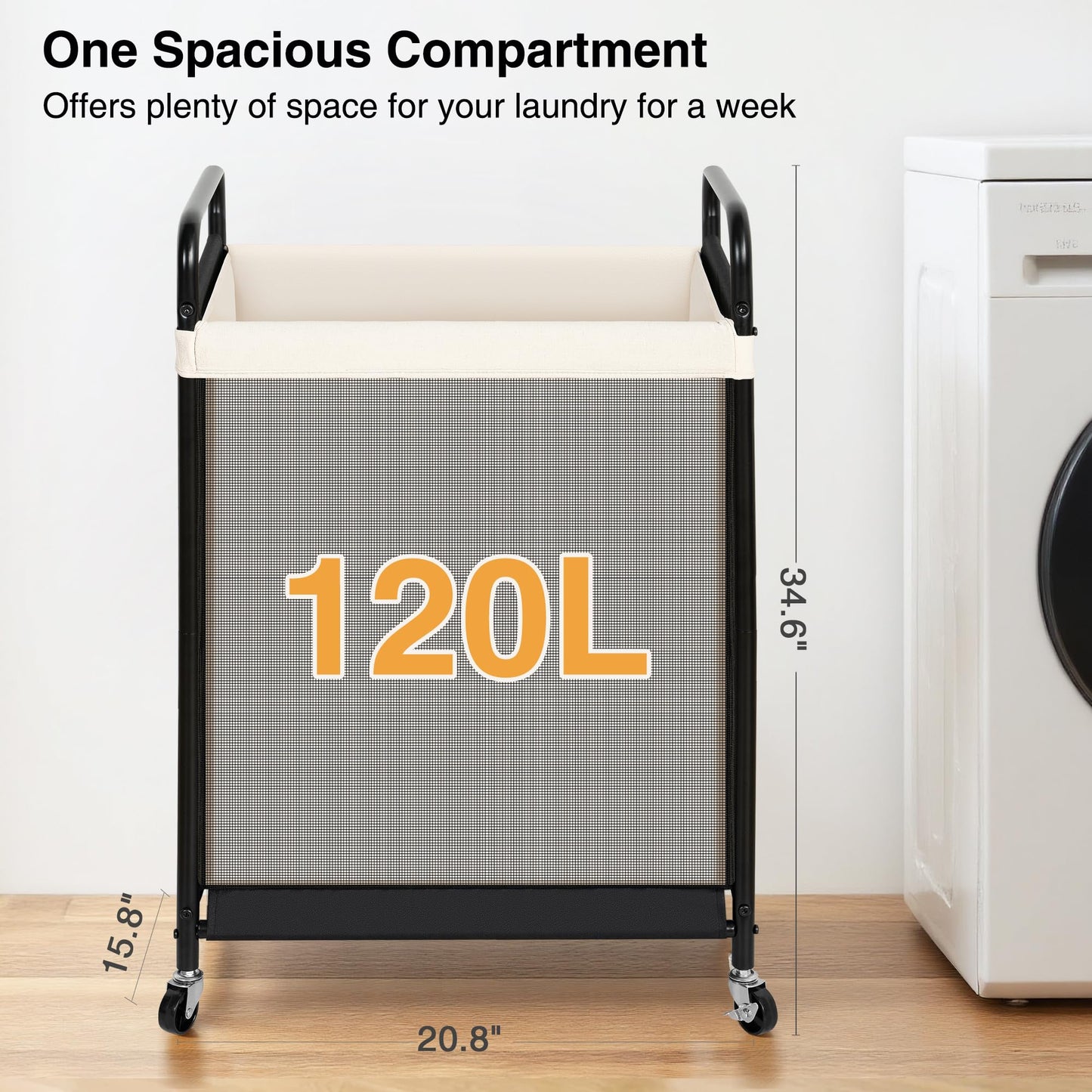 STO STO 120L Large Laundry Hamper with Wheels, Rolling Laundry Basket Cart with Removable Canvas Liner Bag, Lockable Wheels, Metal Frame, Dirty Clothes Hamper for Bedroom, Bathroom, Laundry Room