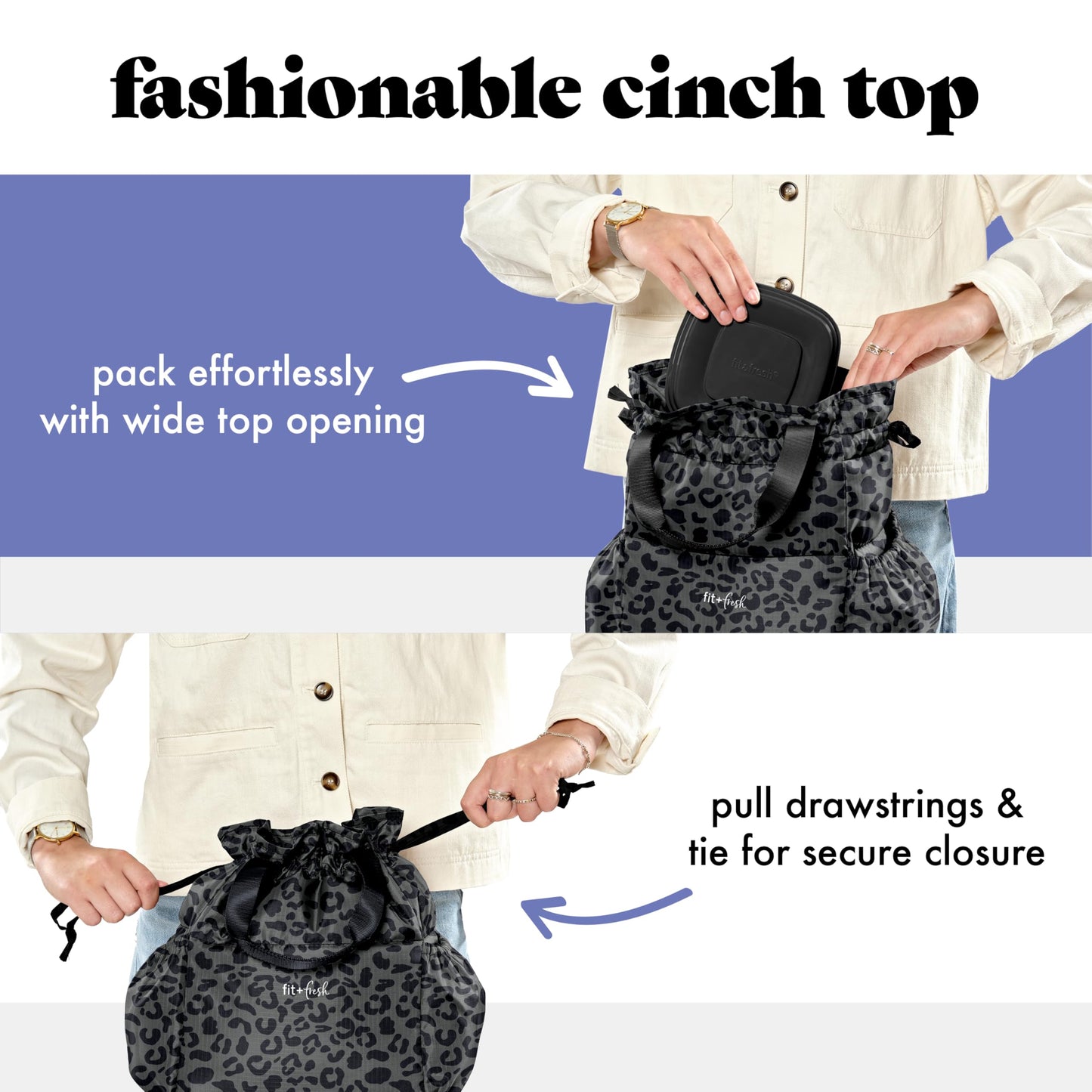 Fit & Fresh Cromwell Drawstring Lunch Bag for Women, Complete Lunch Set with 2 Containers, Stain-Resistant, Leak-Resistant, Back to School Essential, Teacher Lunchbox, Black Cheetah