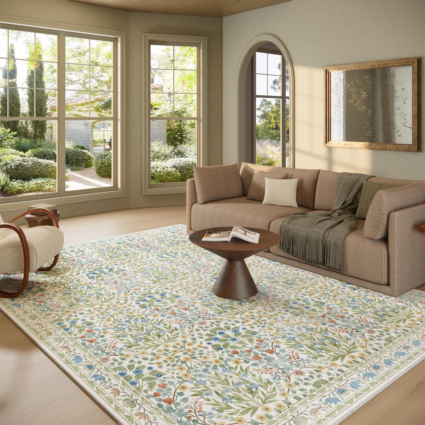 Washable 8x10 Area Rug - Light Green Oriental Design for Living Room, Bedroom, Dining Room & Under Kitchen Table - Stain Resistant, Non-Slip Large Rug