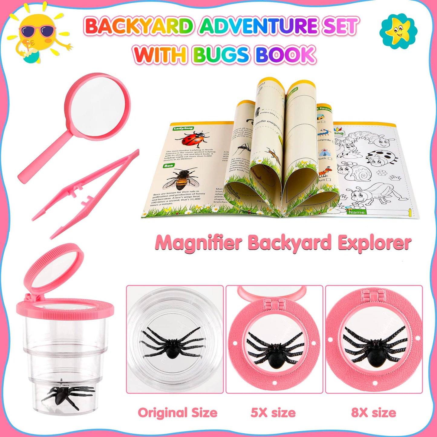 INNOCHEER Kids Explorer Kit - Bug Catcher Kit & Safari Costume for Boys Girls, Outdoor Exploration Set with Butterfly Net Binoculars for Kids 3-12 Years Old (Camouflage Pink)