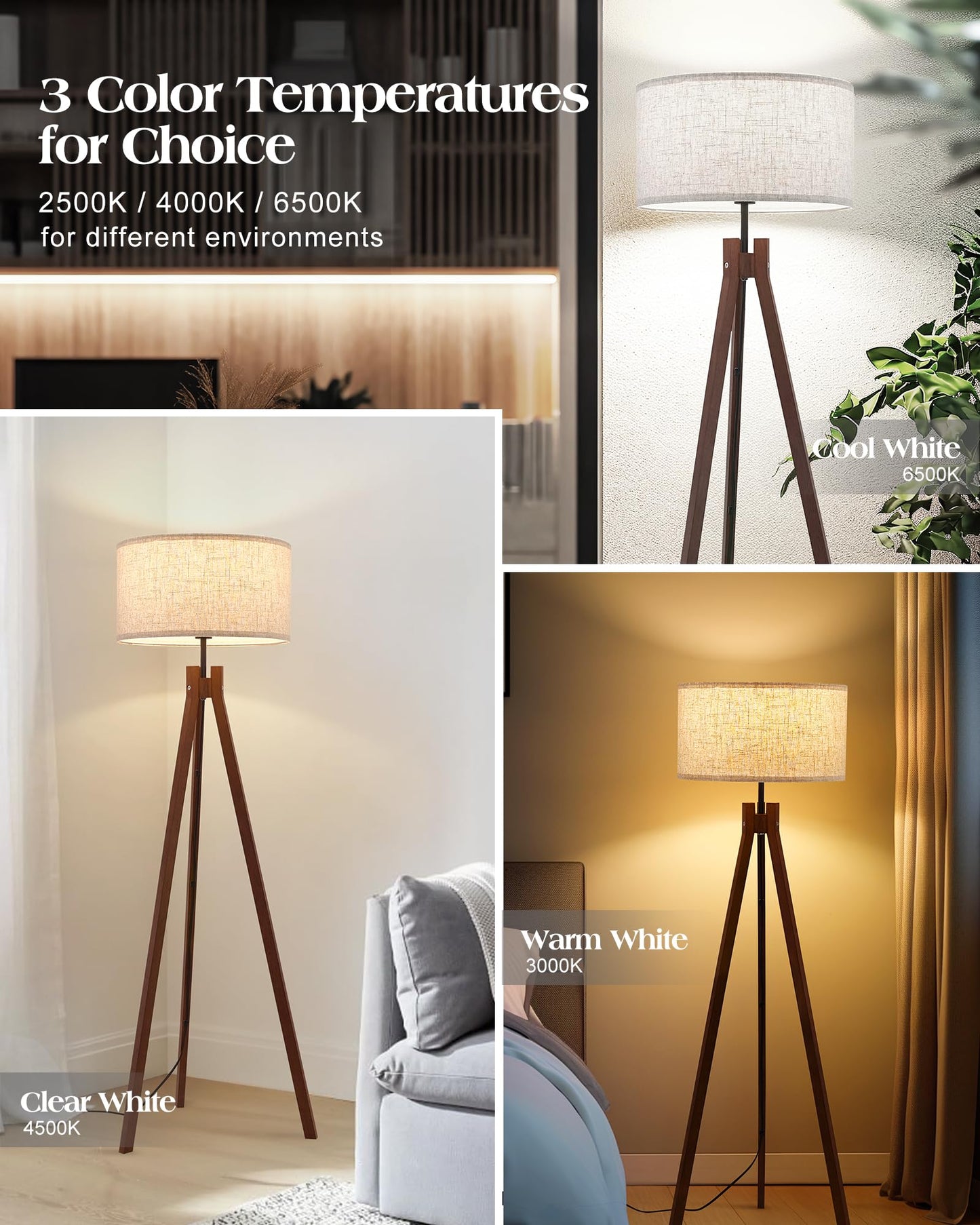 ELYONA Wood Tripod Floor Lamp, Mid Century Reading Standing Lamp with 3 Color Temperatures & Linen Shade, Modern Night Light for Bedroom, Farmhouse, Living Room, Office, 9W LED Bulb Included, Brown