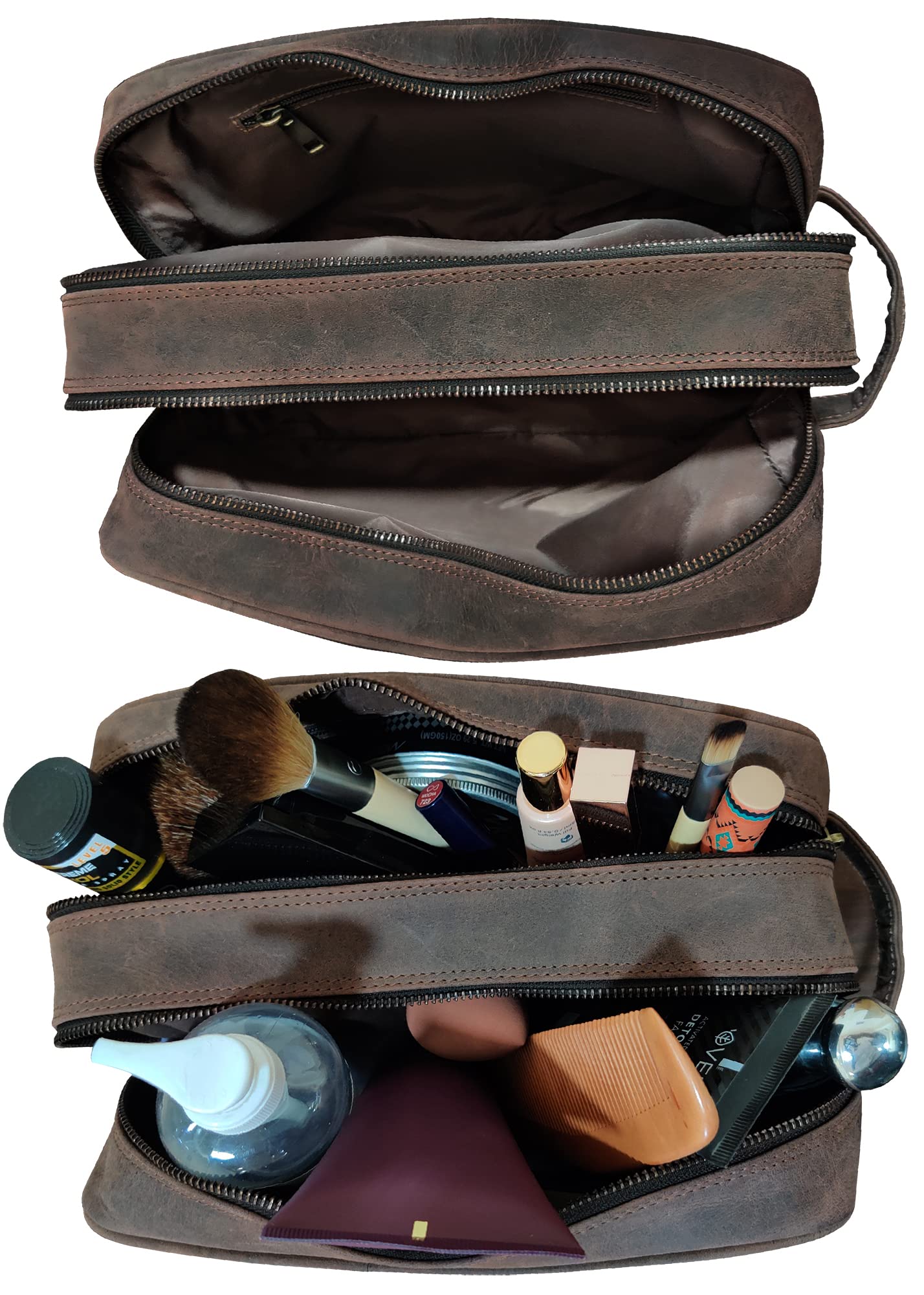 RUSTIC TOWN Full Grain Leather Travel Toiletry Bag - Dopp Kit Organizer (Dark Brown)