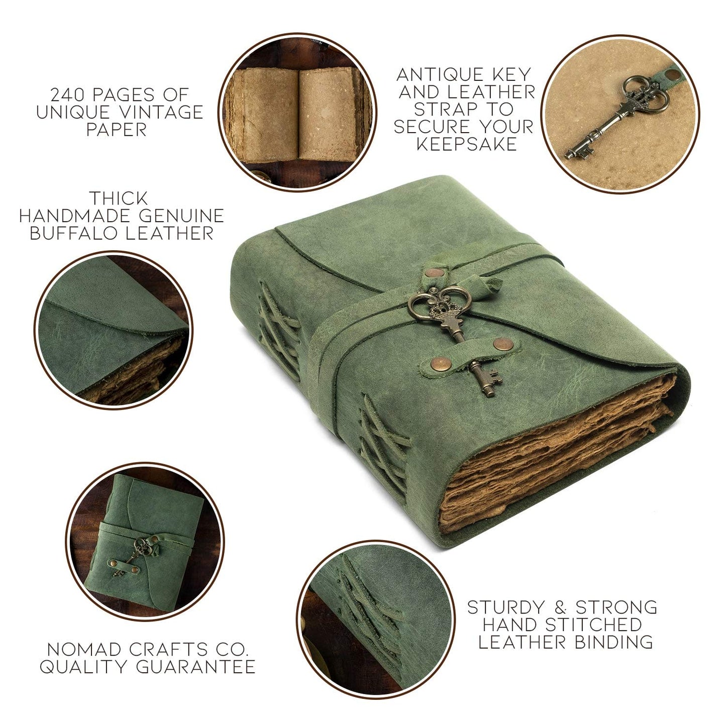 Vintage Leather Journal - Antique Handmade Deckle Edge Vintage Paper Leather Bound Journal - Book of Shadows Journal - Leather Sketchbook - Drawing Journal - Great Gift (Green, 9"x6")