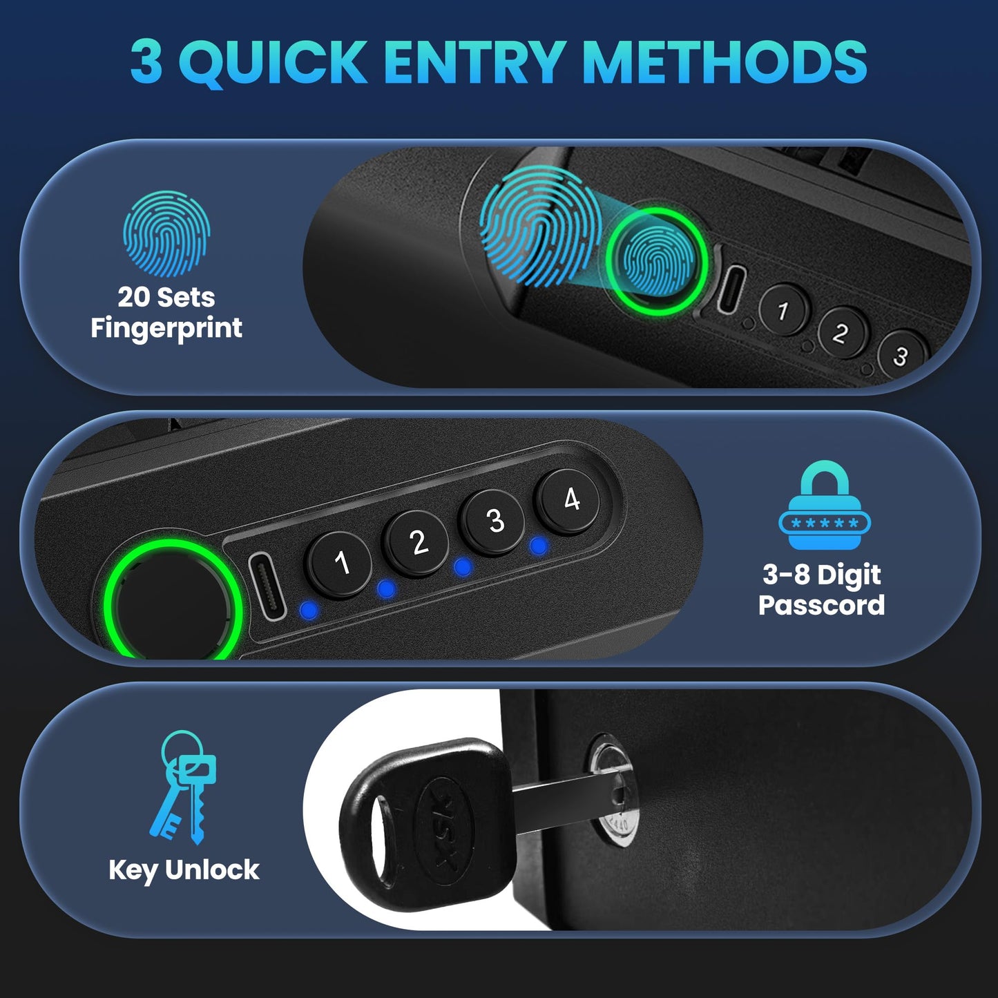 Locksworth Small Biometric Gun Safe for Handgun, 3 Ways Quick Access Fingerprint Safe with Keypad & Key, Compact Pistol Safe with LED Light for Nightstand Bedside Home Car Use, Steel Cable Included