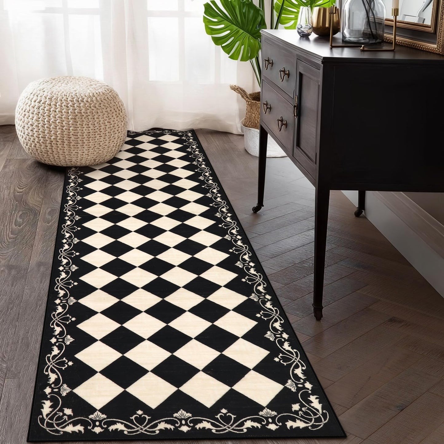 Beeiva Checkered Black Runner Rug for Hallway 2.5x8, Washable Runner for Entryway Bathroom Ultra Thin Non Slip, Moroccan Stain Resistant Print Kitchen Rug 8ft, Plaid Carpet for Besides Laundry Decor
