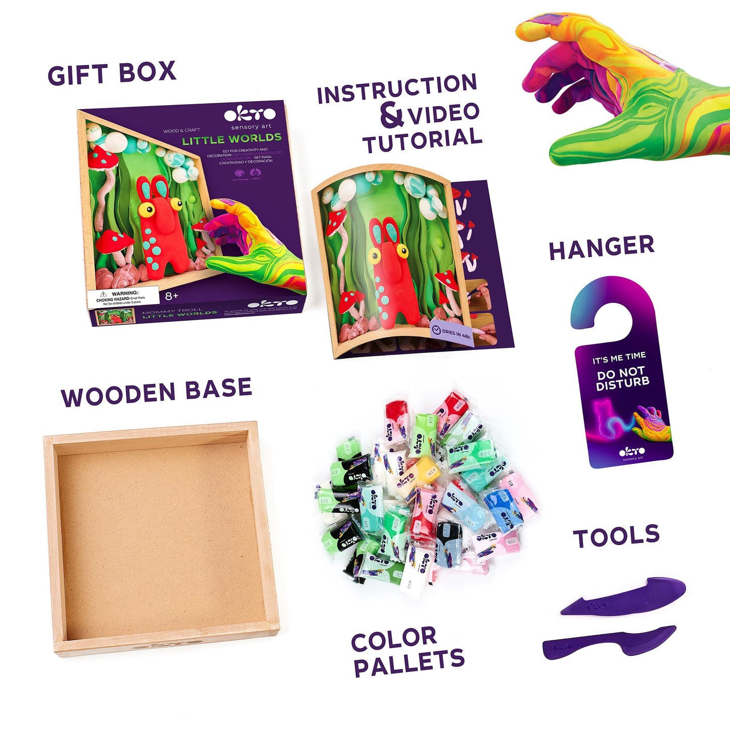 Okto - Wood and Craft - Little Worlds - Troll - Set for Creativity and Decoration - 3D Sensory Art - Safe Mess Free Air Dry - Frame Size 21 x 21 cm - 20031