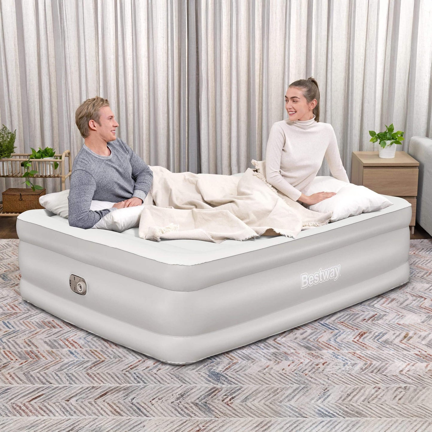 Bestway Tritech 20" Queen Air Mattress, Portable Queen Size Airbed with Contoured Comfort, Raised Sides, & Built-in AC Electric Air Pump, Warm Gray