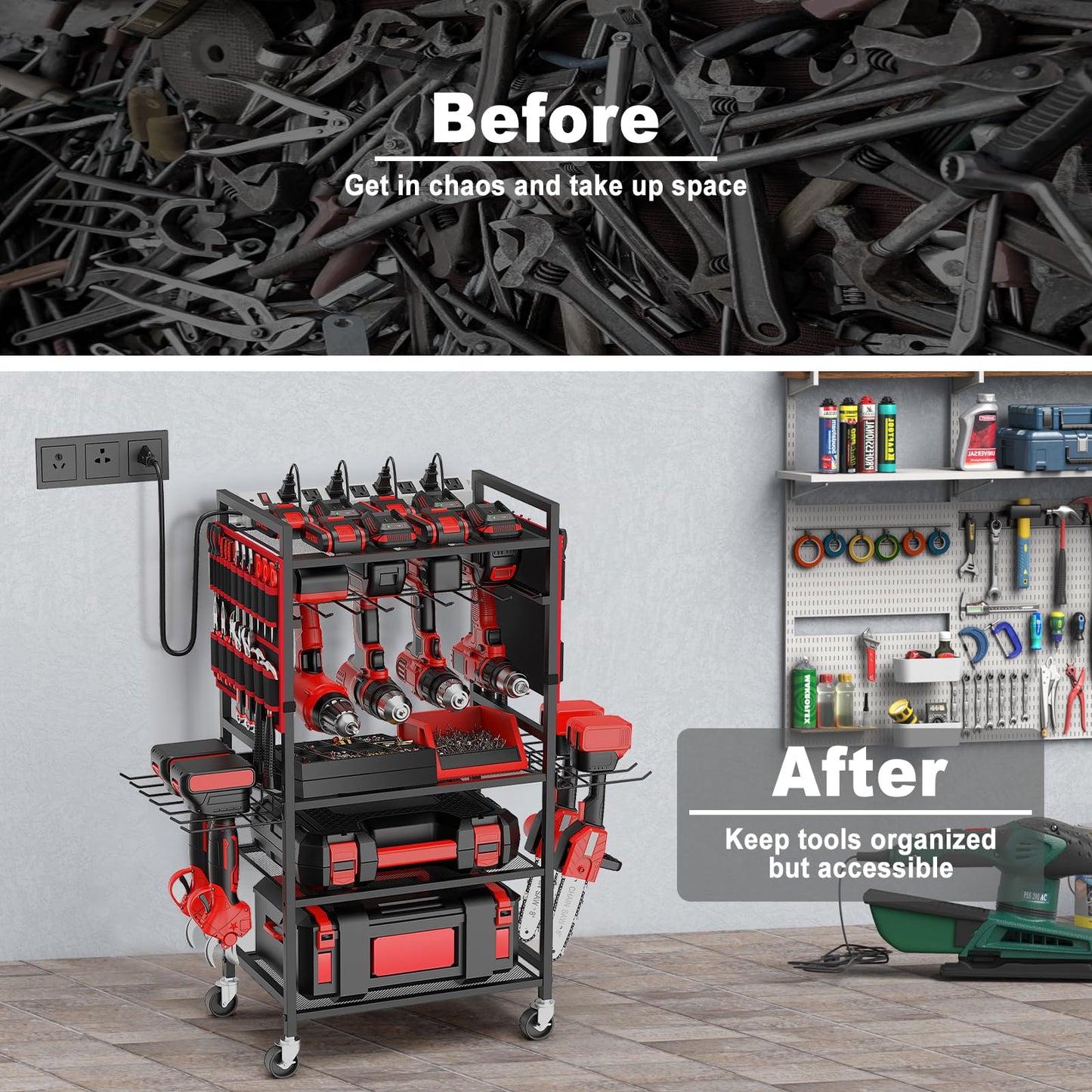 JUNNUJ Garage Large Power Tool Organizer Cart with 20A Charing Station, Heavy Duty Drill and Tools Battery Holder Storage Rack, Floor Standing Rolling Tool Cart on Wheels, Red