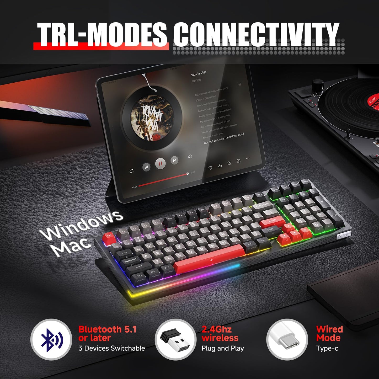 KEMOVE K98 Wireless Gaming Mechanical Keyboard with BT5.0/2.4G/Type-C,RGB Backlight,98 Keys Hot-Swappable,4000mAh Massive Battery,Software Support,Diamond Silence Red Switch
