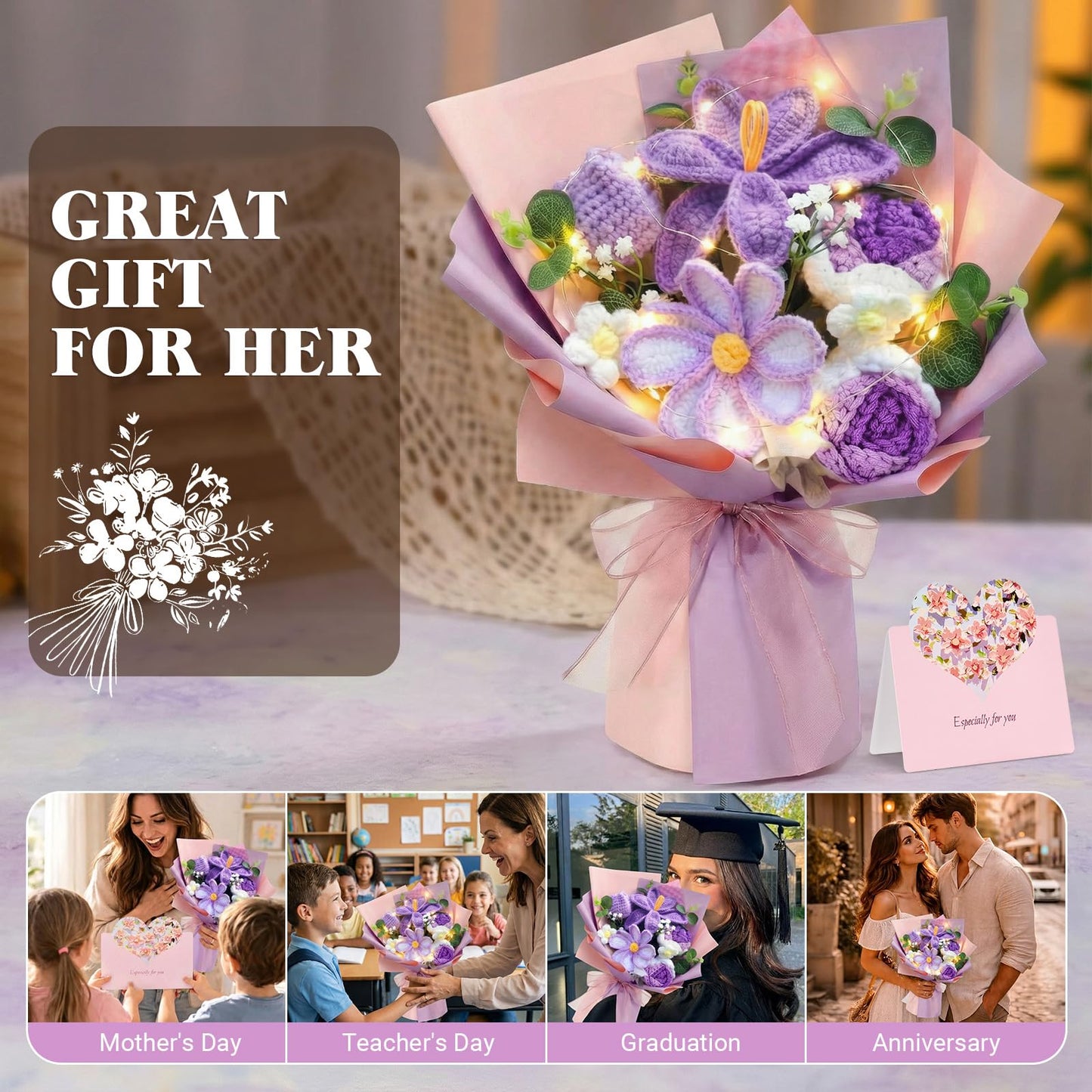 Crochet Flower Bouquet, Purple Handmade Knitted Flowers with Lights & Vase Crochet Tulips Galsang Liliy Rose Daisy Flower for Mothers Day Graduation Wedding Lover Teacher Anniversary Birthday Gift