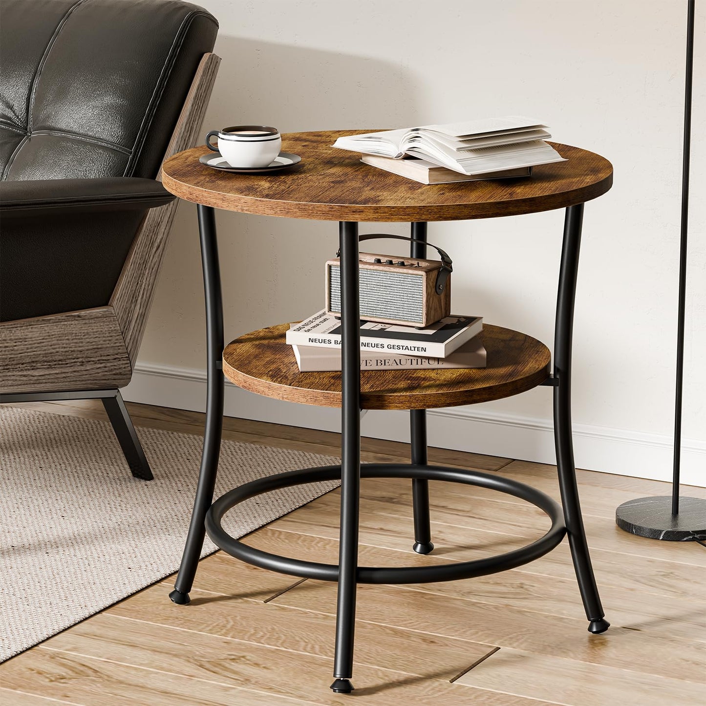 OLIXIS 21.85-Inch Round End Table, 2-Tier Side Round Table for Living Room, Accent Table with Storage Shelf, Sturdy Metal Frame Nightstand for Small Space, Round Bedside, Rustic Brown and Ink Black