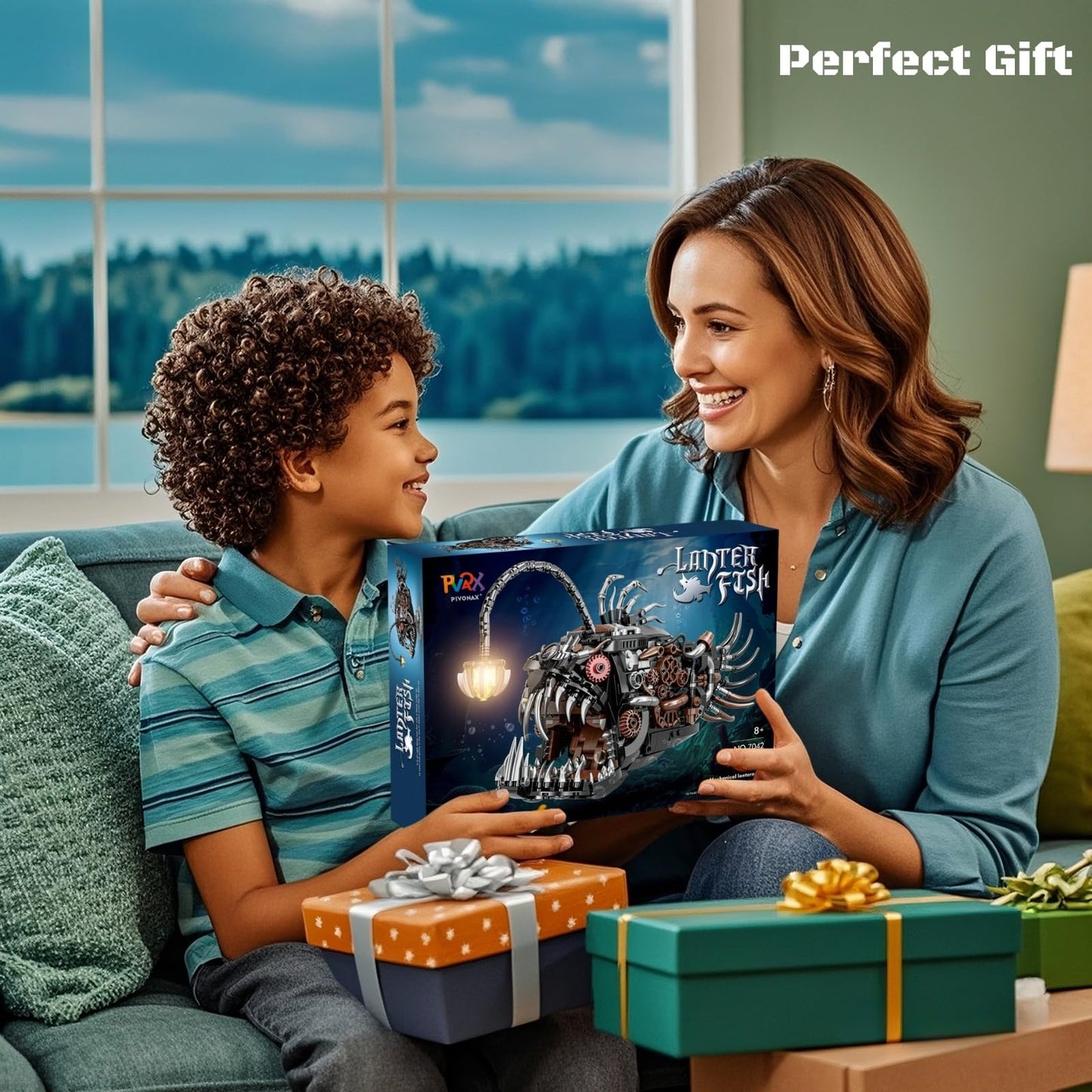 PIVONAX Mechanical Angler Fish Building Block Set - STEM Toys for Boys & Girls 8-14+, Deep Sea Ocean Creature Kit, Home/Office Decor with Light, Great Gift for Kids & Adults(1038+Pieces)