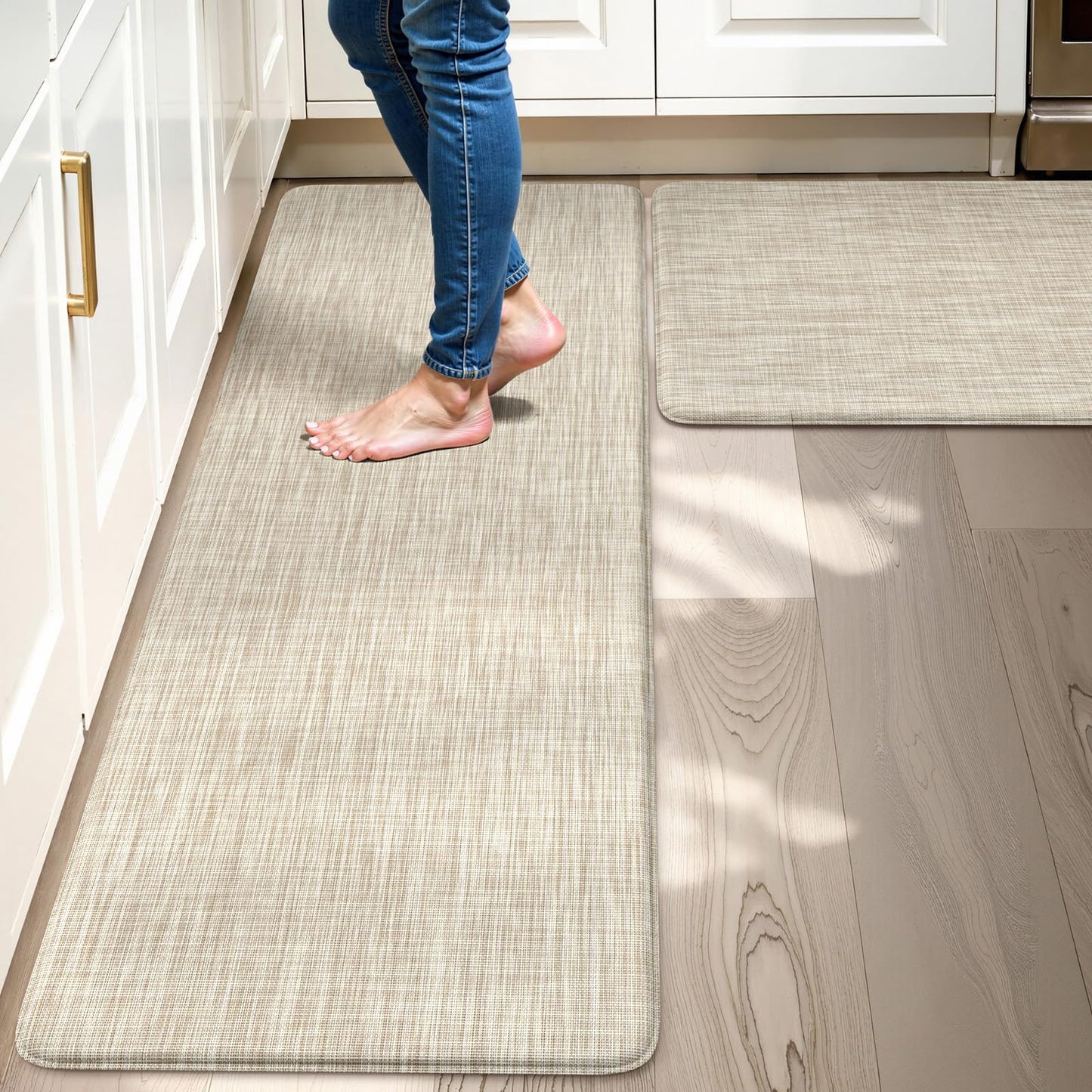 Collive Kitchen Mats for Floor 2PCS, Cushioned Anti Fatigue Rugs Non Slip Waterproof Kitchen Sink Mat, Memory Foam Comfort Standing Mats for Desk, Office, Home Decor, 20" x 47" + 20" x 32", Beige