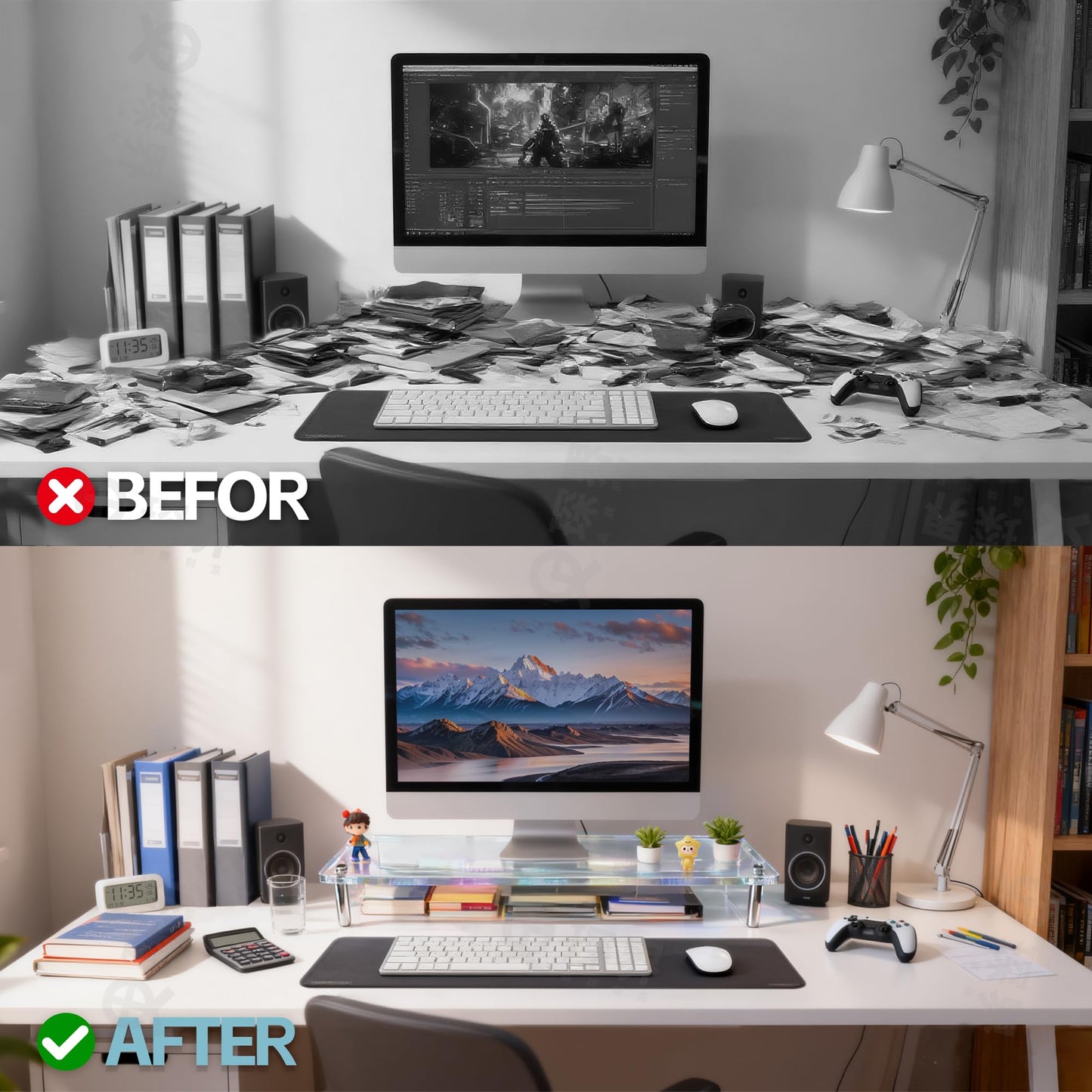 ERGO COLLECT Thickened Acrylic Monitor Stand, RGB LED Color Changing Desk Riser with 3 Control Modes, APP Control Button Control Music Sync Gaming Light, Clear Desktop Shelf for Computer Laptop Home Office Gaming Setup, 23.6 Inch