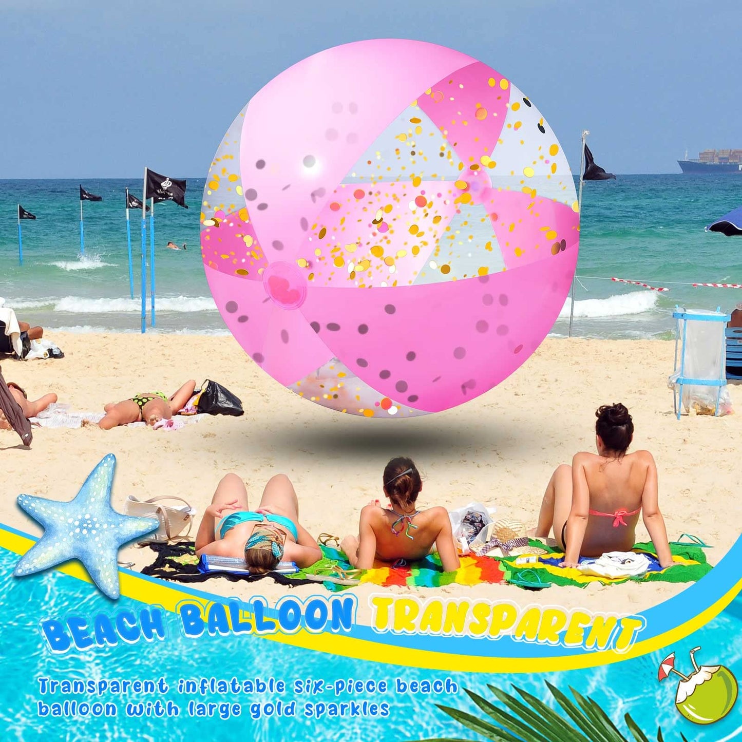Sosation Giant Pink Inflatable Beach Ball Large Glitter Beach Ball UV Resistant Jumbo Swimming Pool Balls Clear Confetti with a Repair Tape Floatable Balls for Swimming Pool Party Decor