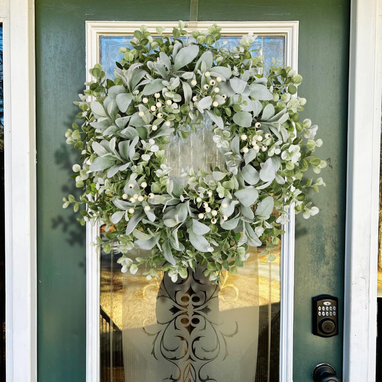 26 Inch Large Lambs Ear Wreaths for Front Door Spring Summer Lambs Leaves with White Berries, Artificial Greenery for Farmhouse Porch Wall Living Room Home Wedding Decor for All Seasons Wreaths
