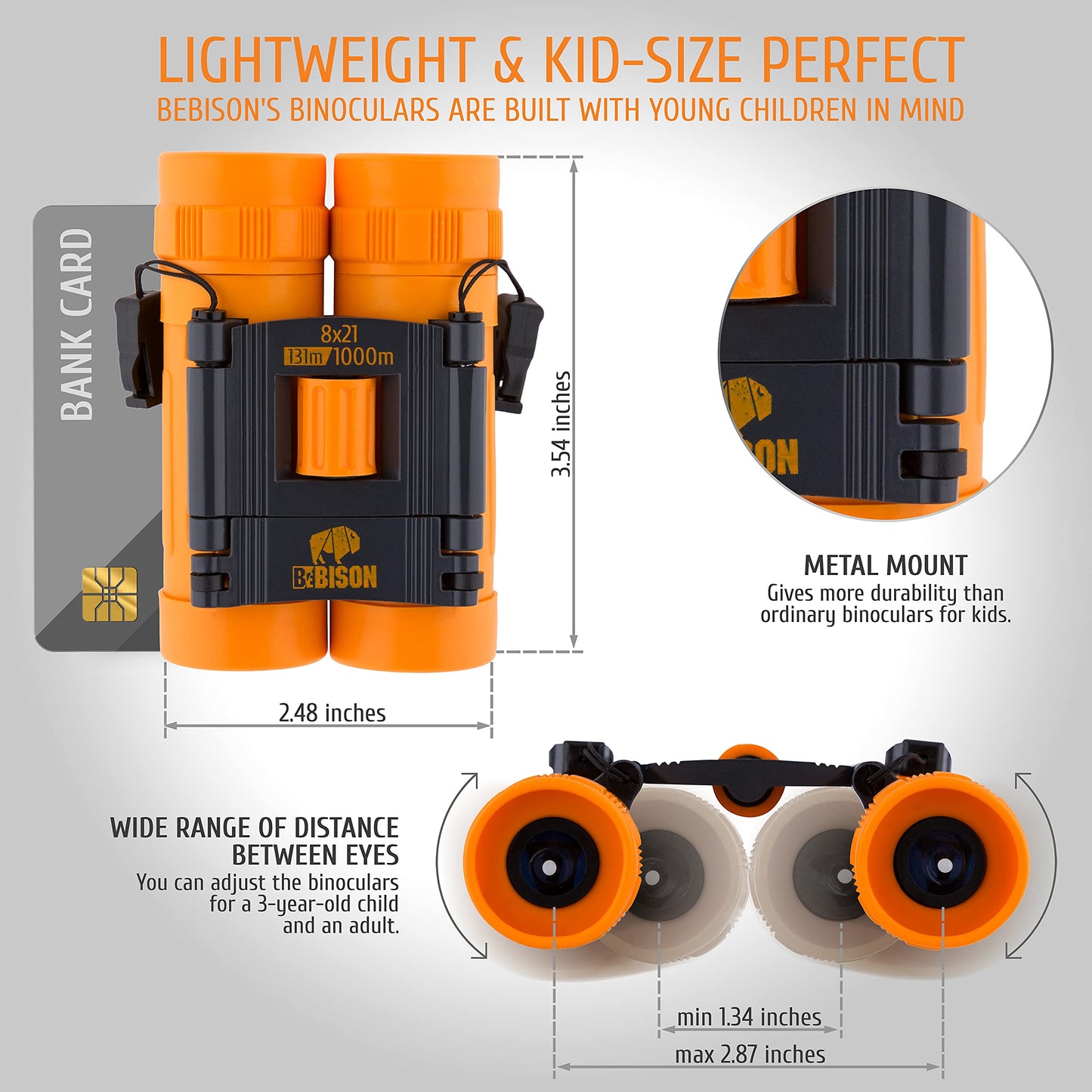 BeBison Binoculars for Kids and Adults - 8x21 High Resolution Real Optics - Compact Folding Shockproof Kids Binoculars for Bird Watching - Spy Games - Outdoor Play for Boys and Girls