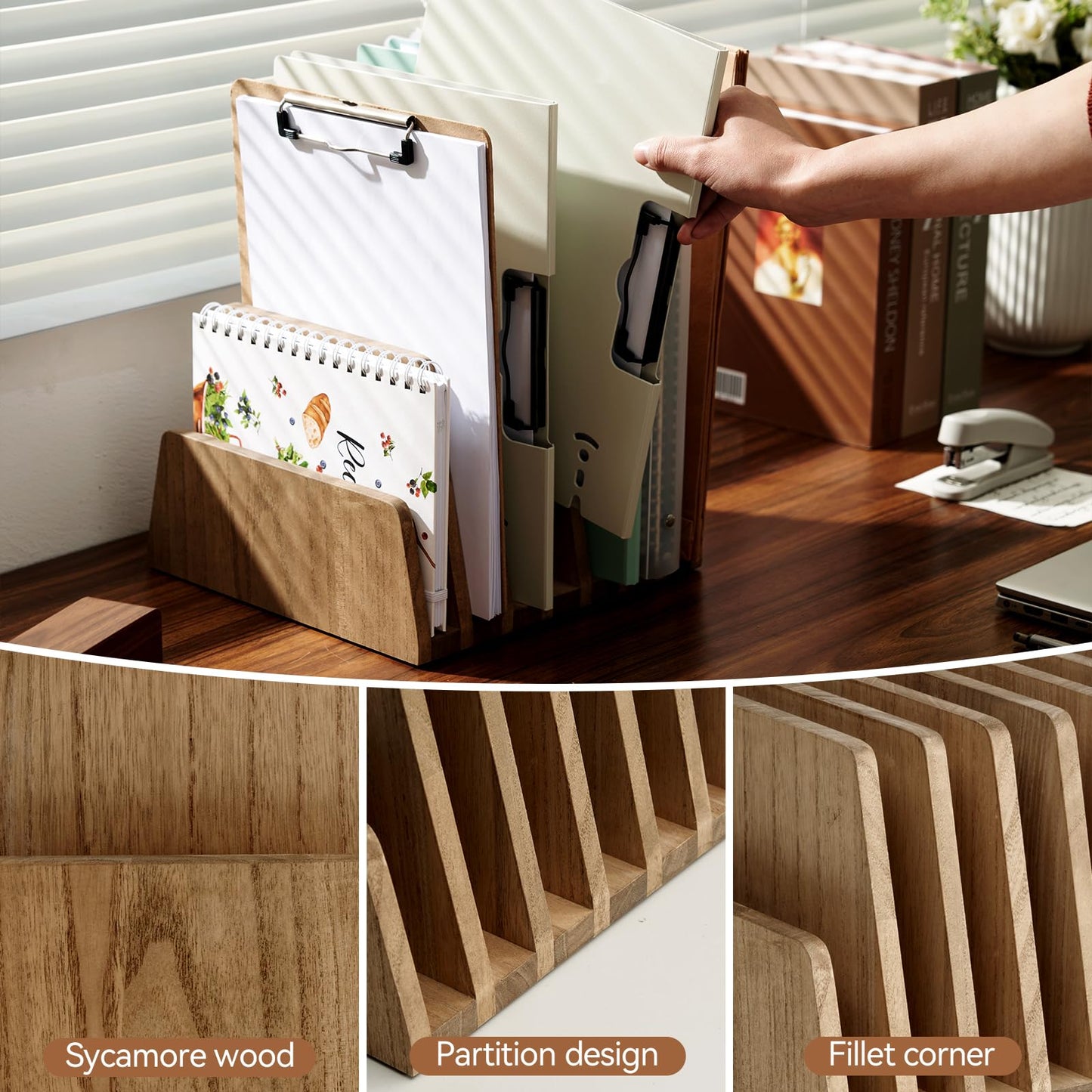 KIRIGEN Wooden Desk Mail Organizer, 7-Slot File Holder and Letter Sorter Wood Document Hlder for Mail, Folders, Bills, Papers, Home Office, Classroom, Countertop, No Assembly Brown 7KWJJ-DBR