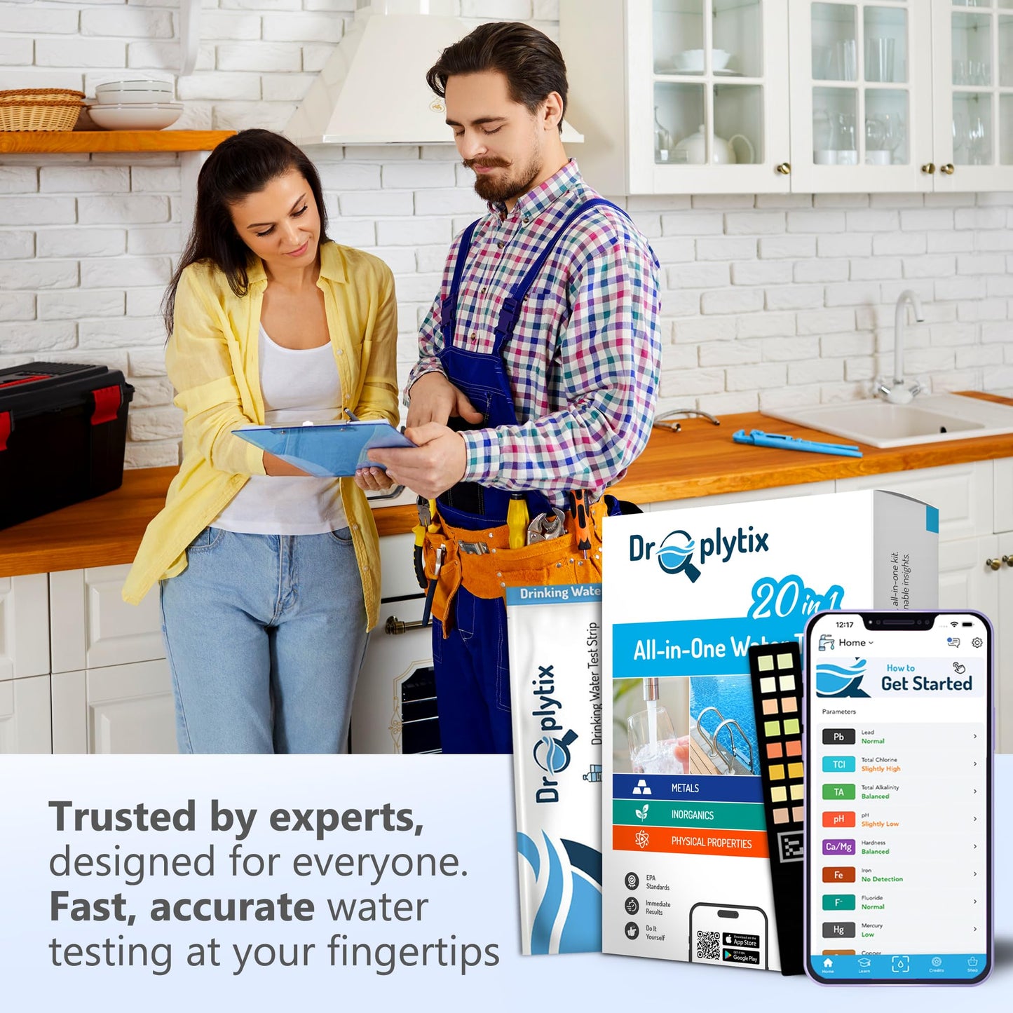 DROPLYTIX Mobile App Water Test Kit–20-in-1 Home Water Testing Strips, Pools, Hot Tubs, Aquarium, Drinking Water & Well Water Test for pH, Hardness, Lead, Iron, Chlorine, Nitrate, Fluoride, Mercury