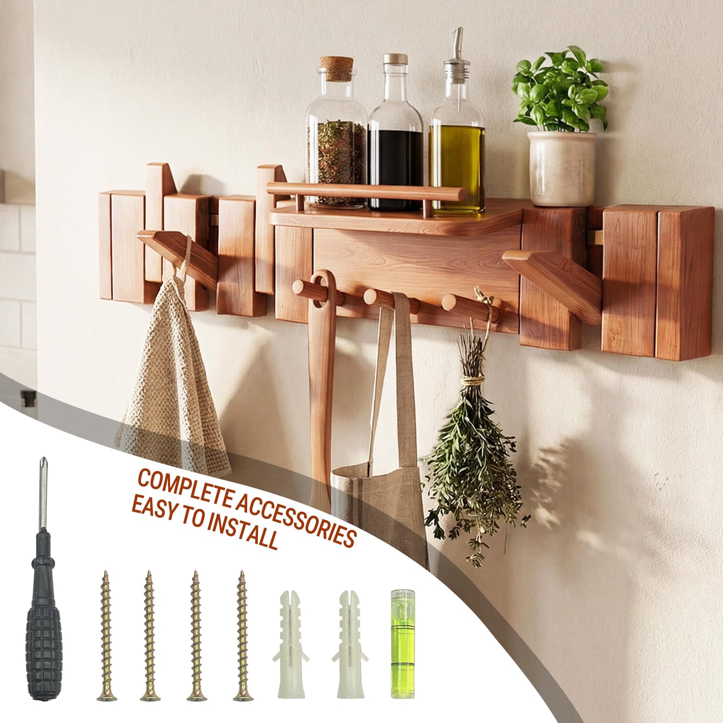 EasTeebw Mid Century Modern Walnut Foldable Entryway Wall Coat Hanger Hook with Shelf,Heavy Duty Wooden Piano Hidden Towel Hooks for Bathroom,Wall Rack for Purse&Key&Mail,Home Decor (Walnut, 7 Hooks)