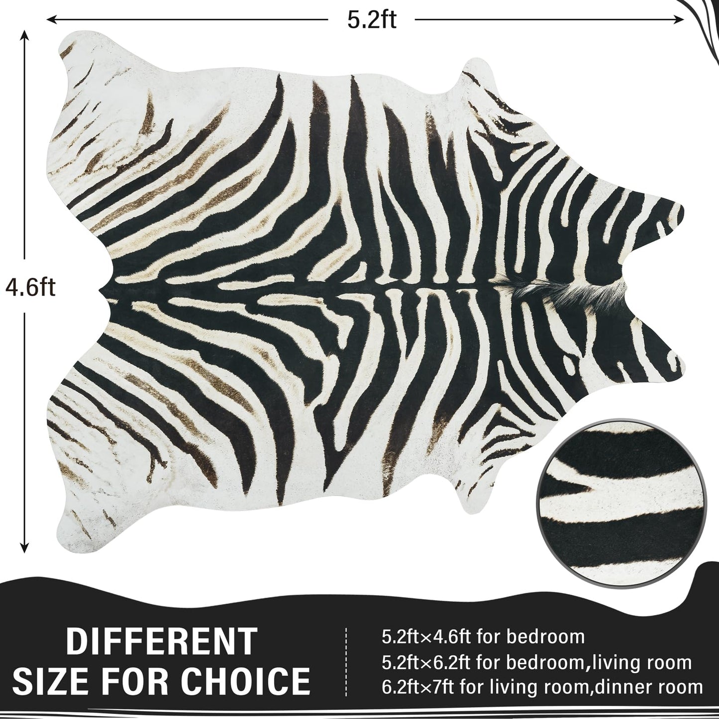 AROGAN Western Faux Fur Zebra Rug, 4.6 x 5.2 Feet Premium Animal Skin Print Rug, Sturdy Faux Zebra Hide Rugs for Wall Decor, Western Floor Carpet for Bedroom Living Room, Black and White
