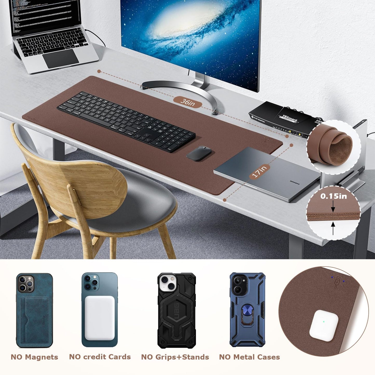 Wireless Charging Mouse Pad Firelison 2 in 1 Leather Multifunctional Office Desk Pad with Non-Slip Rubber Base, Waterproof Desk pad for Computers/Office/Work/Home/Decor（ 36" x 17"Brown - R）