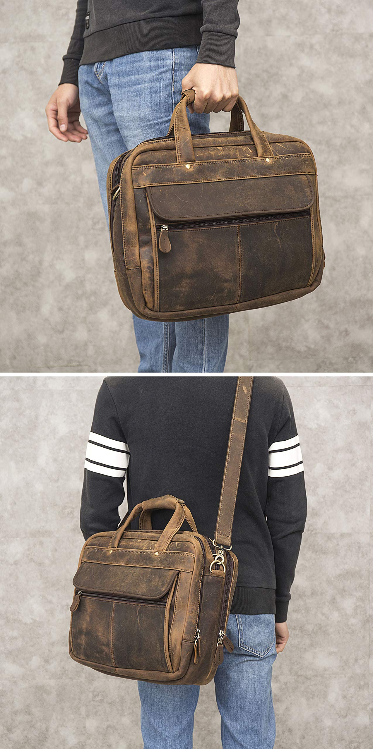 Le'aokuu Leather Mens Business Travel Laptop Case Best Portfolio Briefcase Handles Organizer Shoulder Strap Messenger Bag (Y B1001 A Brown)