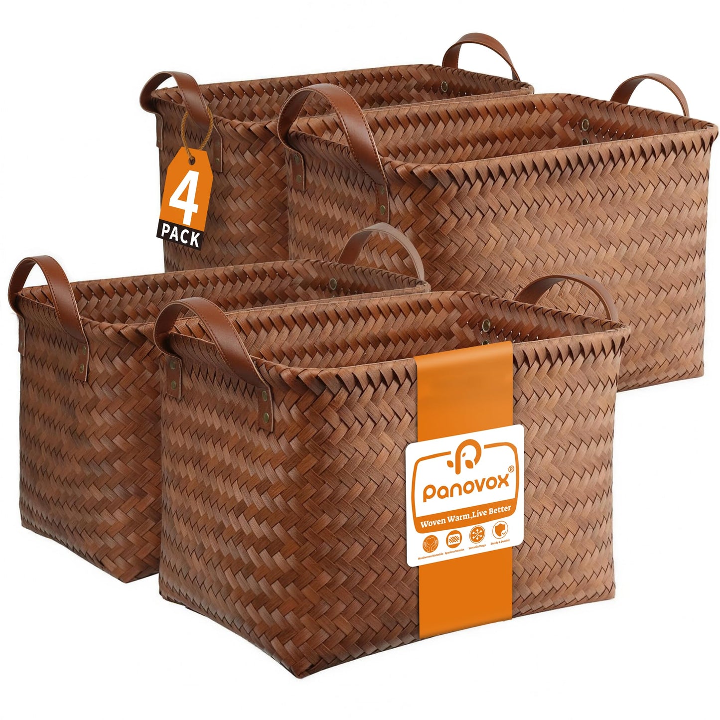 Panovox Hand Woven Baskets for Storage, 4Pcs Water-Resistant Wicker Baskets, Brown Wicker Storage Baskets for Shelves, Large Basket with Handle for Organizing, Clothes, Laundry, Blanket - Rectangular