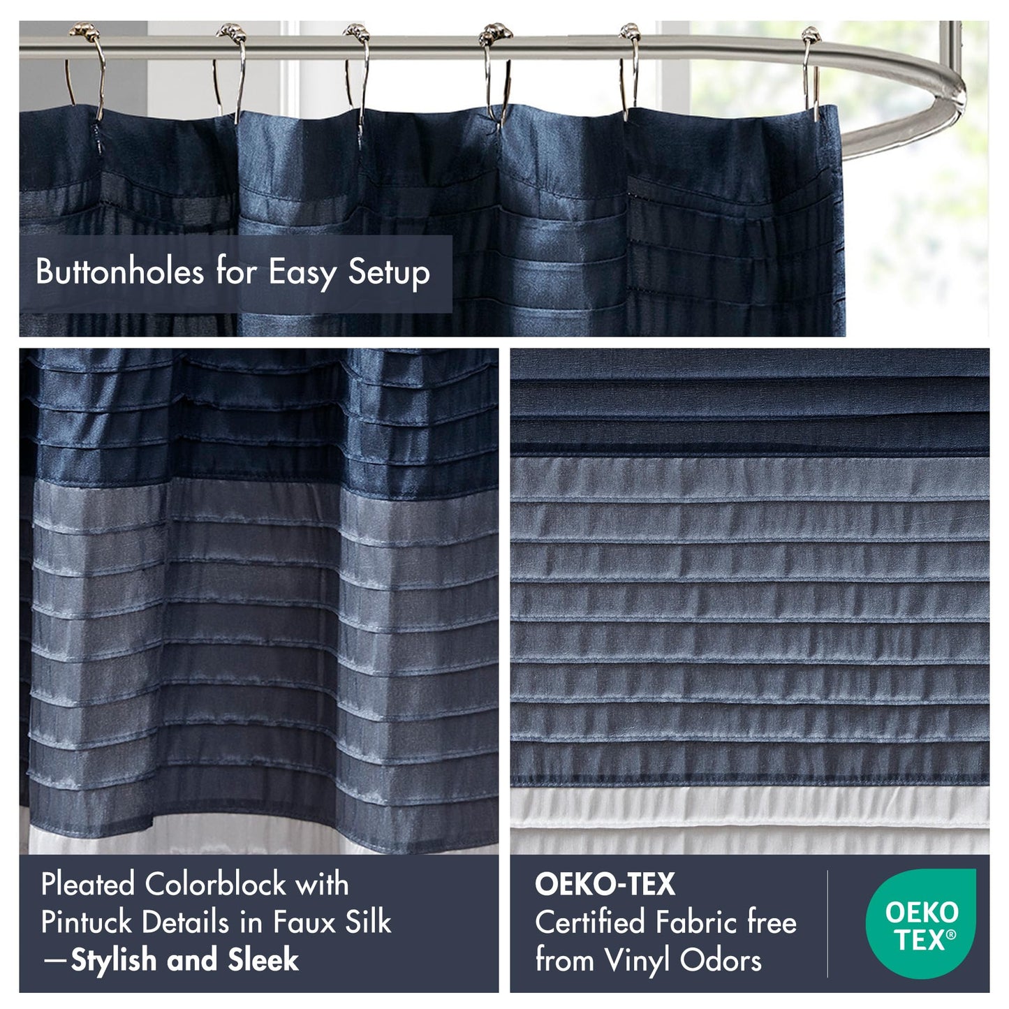 Madison Park Amherst Bathroom Shower Curtain Faux Silk Pieced Striped Modern Microfiber Bath Curtains, 72x84 Inches, Navy
