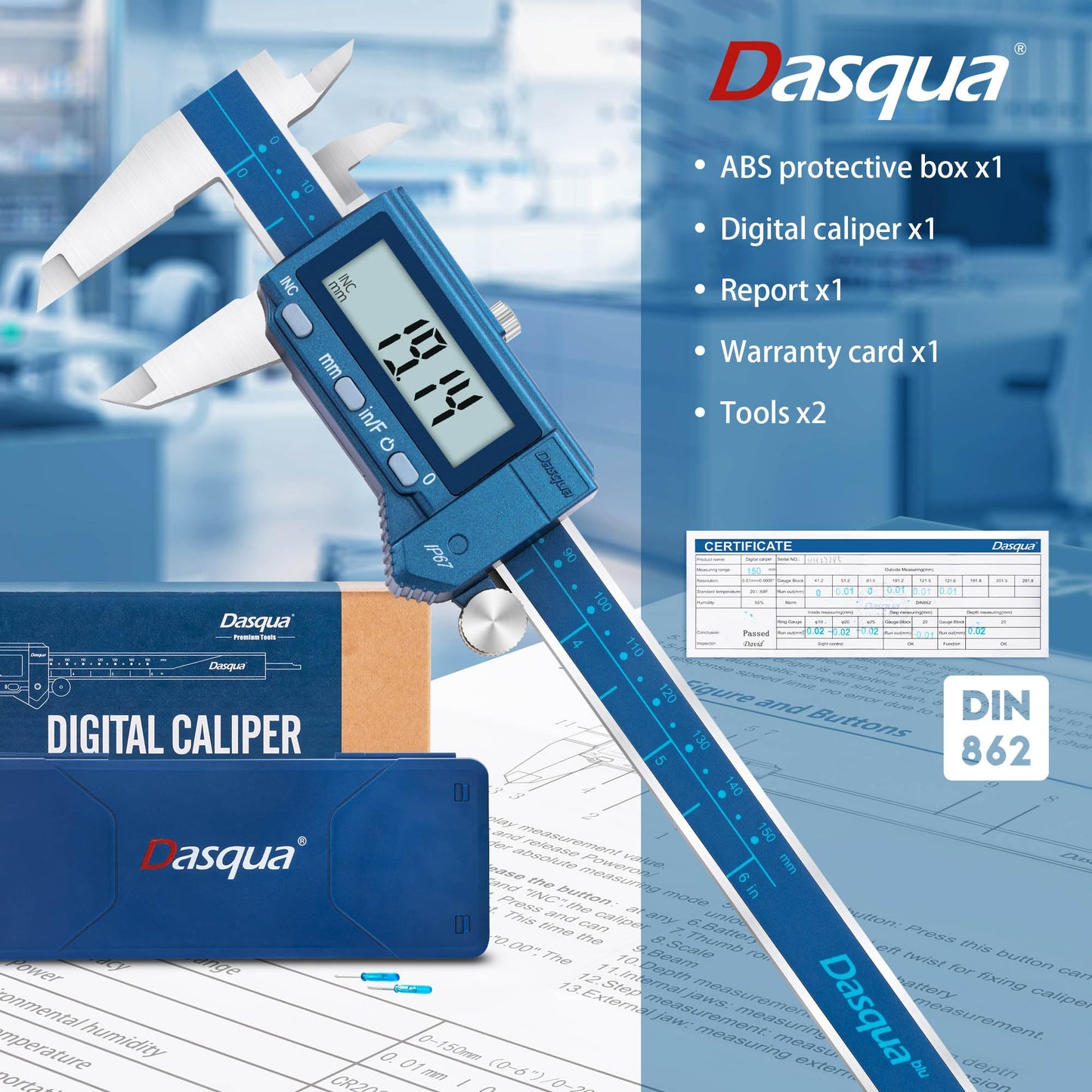 Digital Caliper 6”/150mm, IP67 Waterproof Stainless Steel Electronic Caliper, High Precision, Inch/mm Conversion, Large LCD, Storage Case – Dasqua Industrial Measuring Tools