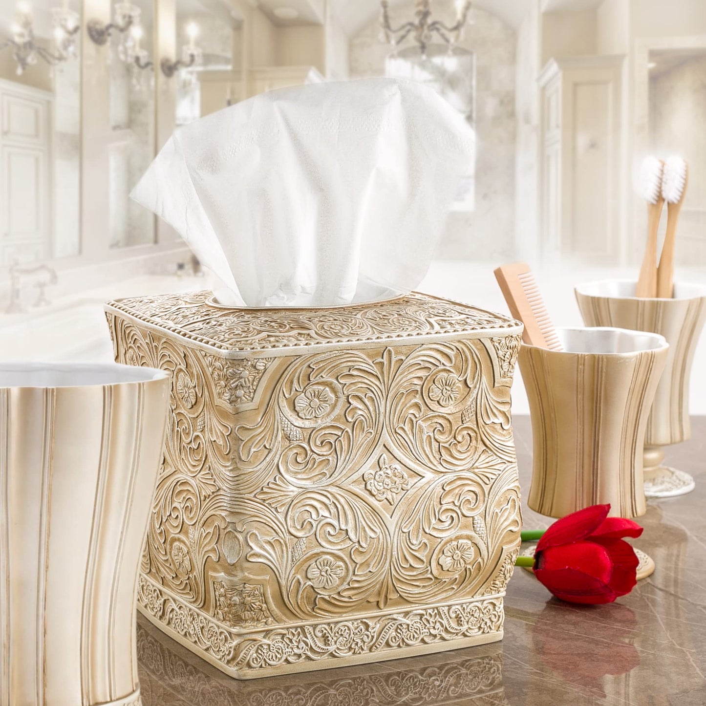 Creative Scents Victoria Bathroom Trash Can 1.32 Gal / 5L - Decorative Bathroom Wastebasket - Durable Beige Waste Bin - Waste Basket for Bathroom, Bedroom, Powder Room or Living Room Decor