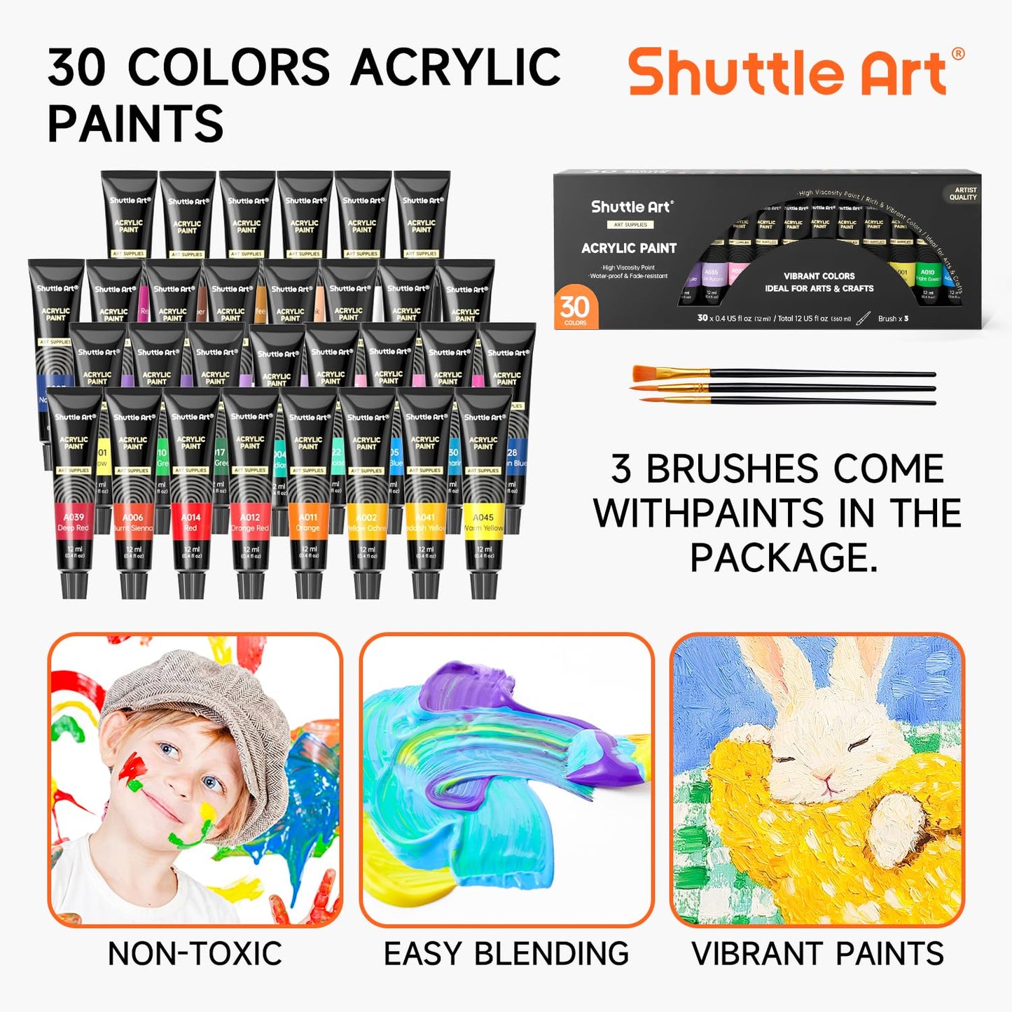 Shuttle Art 69 Pack Kids Paint Set, Art Set for Kids with 30 Colors Acrylic Paint, Wood Easel, Canvas, Painting Pad, Brushes, Palette and Smock, Complete Paint Set for Boys and Girls (package may vary)