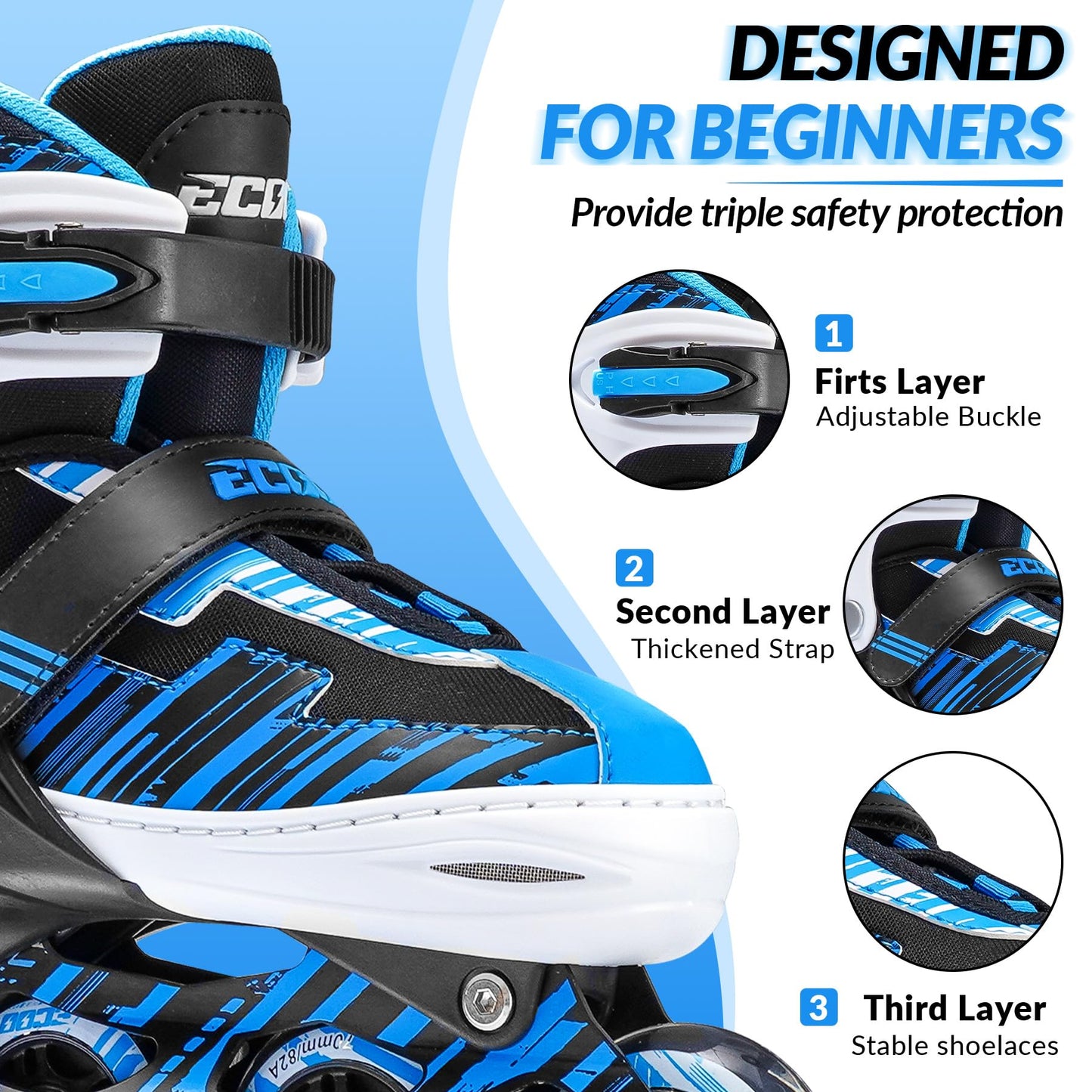 ECOO Adjustable Inline Skates Boys and Girls with Light up Wheels，Roller Skates for Kids Ages 4-12, Teen Skates for Beginner Outdoor and Indoor (Blue, Medium-Big Kids（13j-3 US）)