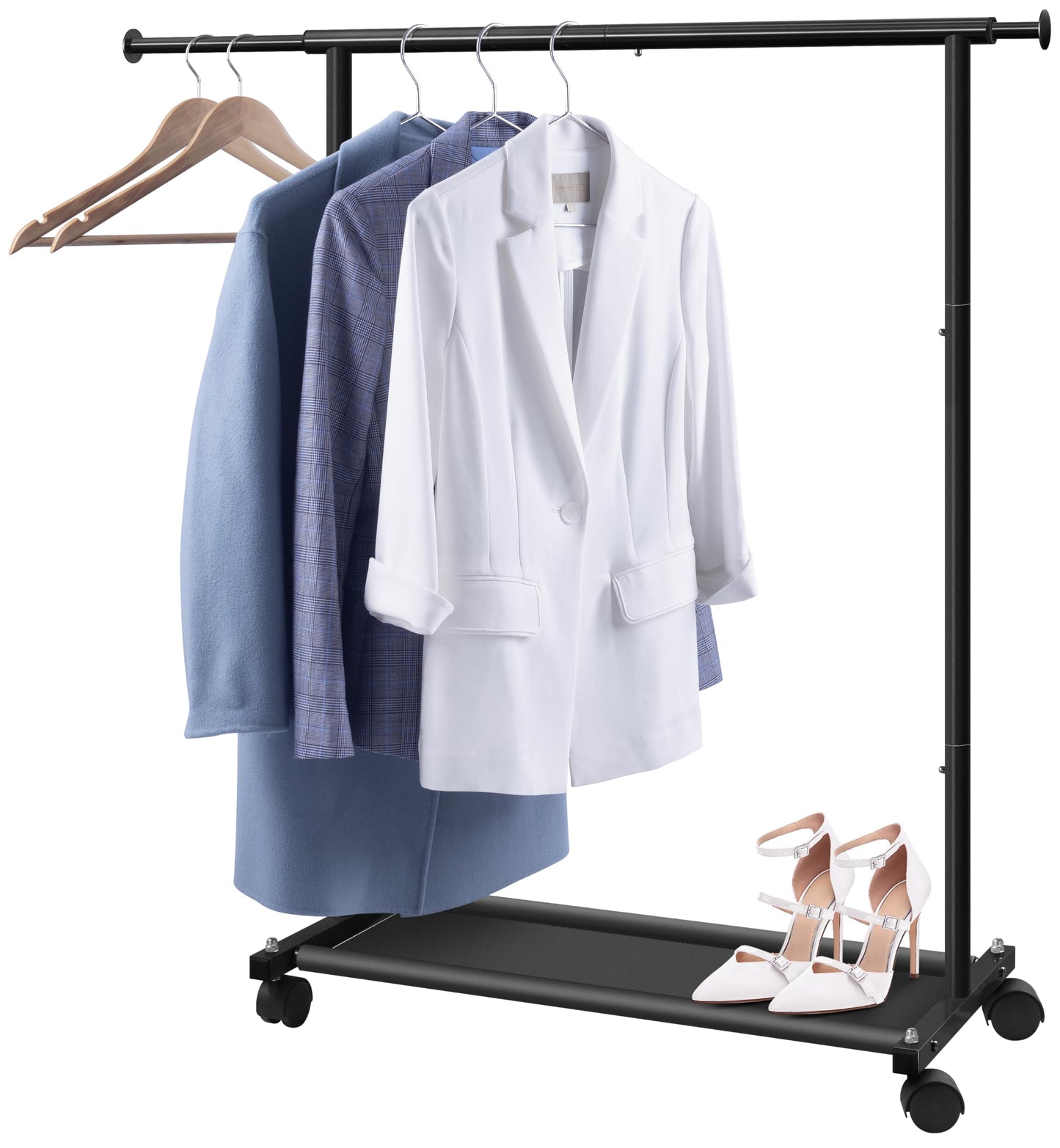 MISSLO Short Clothing Racks for Hanging Clothes with Bottom Shelves and Wheels Heavy Duty Rolling Clothes Rack Kids Clothing Rack for Adult Coat, Closet, Wardrobe (Black)