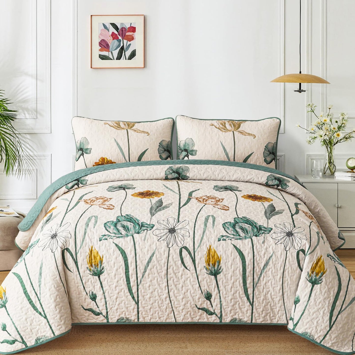 WONGS BEDDING Floral Quilt Set Queen,Green Yellow Floral Botanical Bedspread Bedding Set with 2 Pillowcase,Spring Summer Lightweight Farmhouse Coverlet Set for All Season (96"x90")